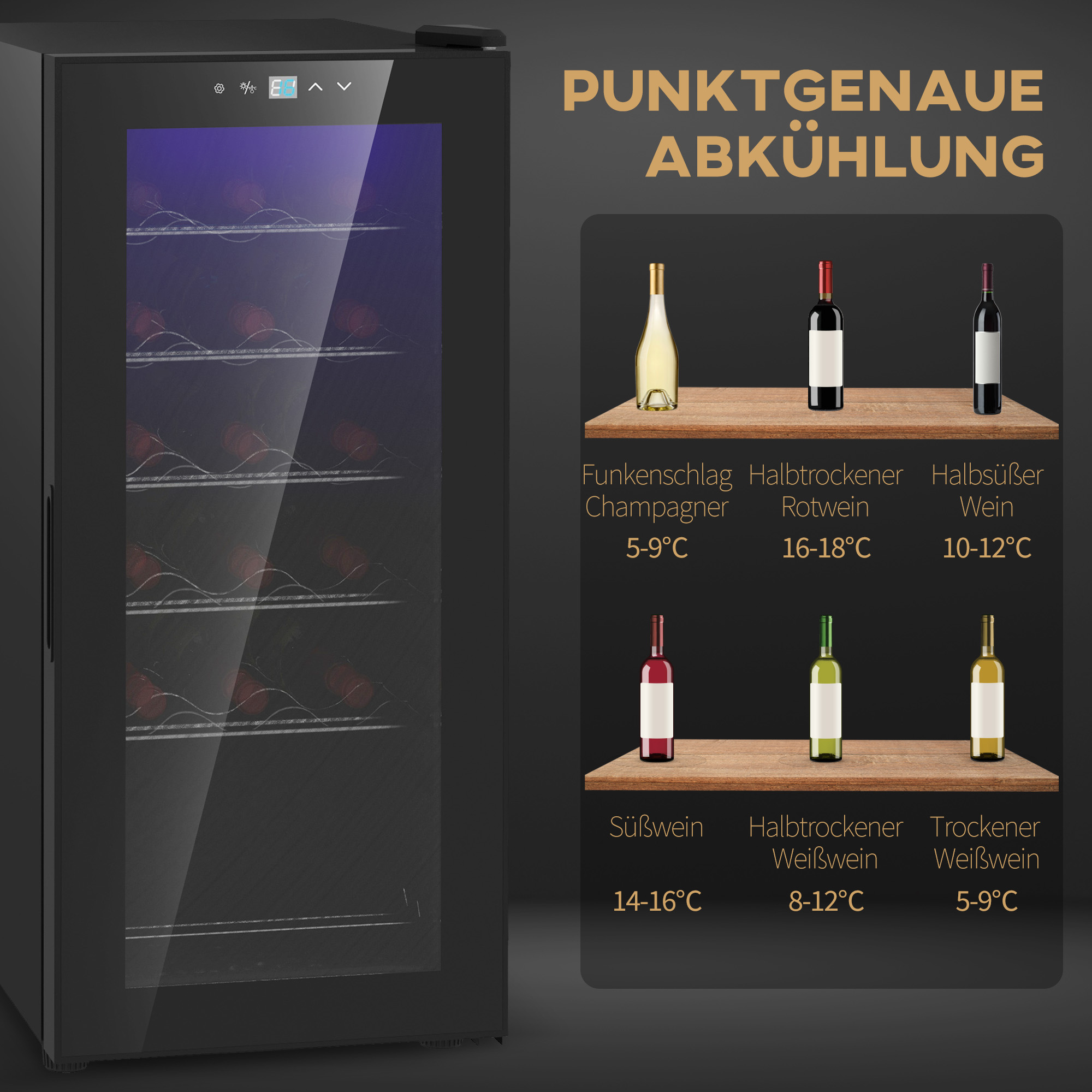 Weinkühlschrank, leise, 5-18°C, Touchscreen, Beleuchtung, 34,5x45x78cm, Schwarz