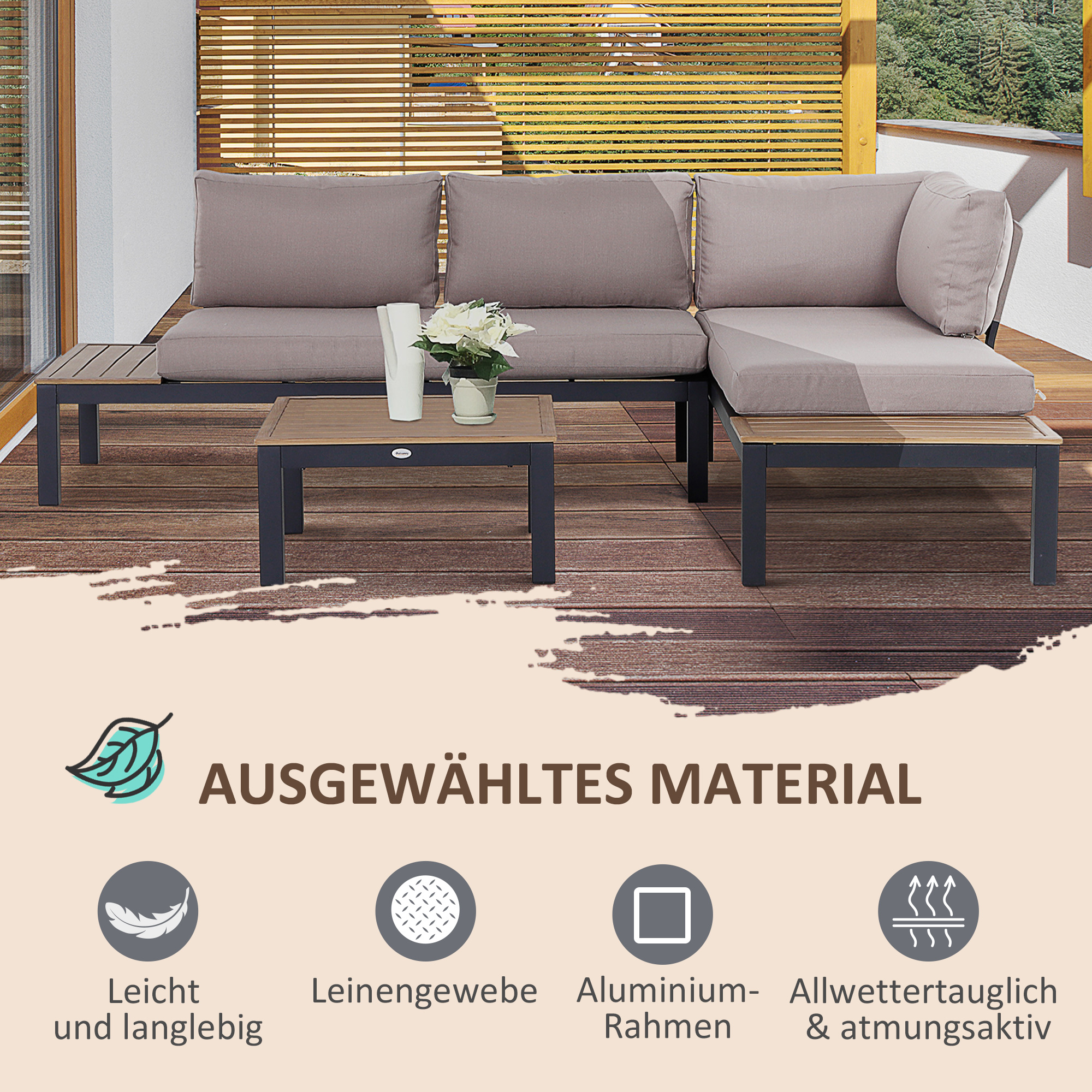 Gartenmöbel-Set für 3 Personen mit Beistelltisch, Sofa mit Kissen, Outdoor, Aluminium, 164 x 74 x 69 cm