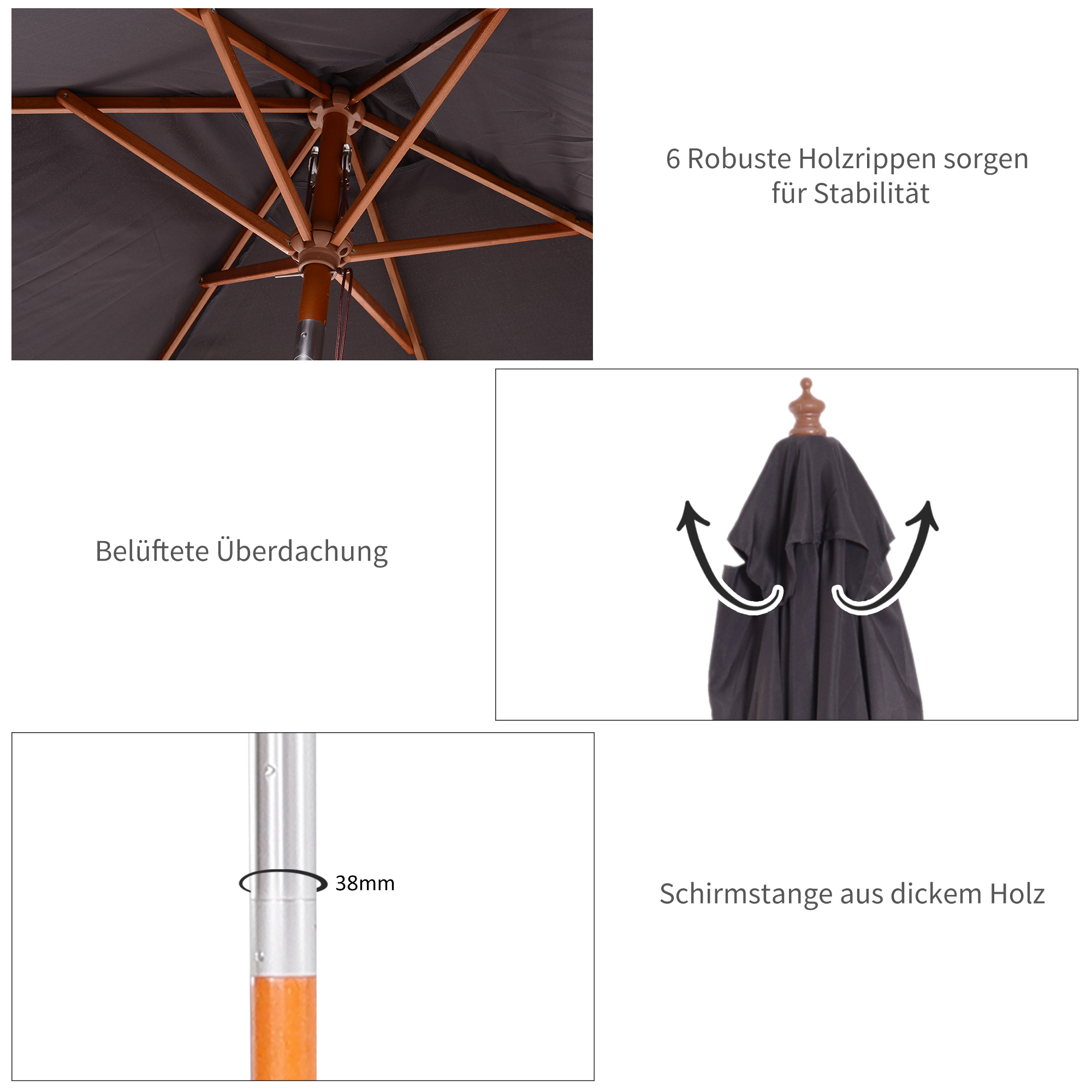 Sonnenschirm 200 x 150 x 235 cm Knickbarer Gartenschirm 3-stufig einstellbar rechteckig Strandschirm wasserabweisend und UV-beständig für Strand Balkon Terrasse Garten Dunkelgrau