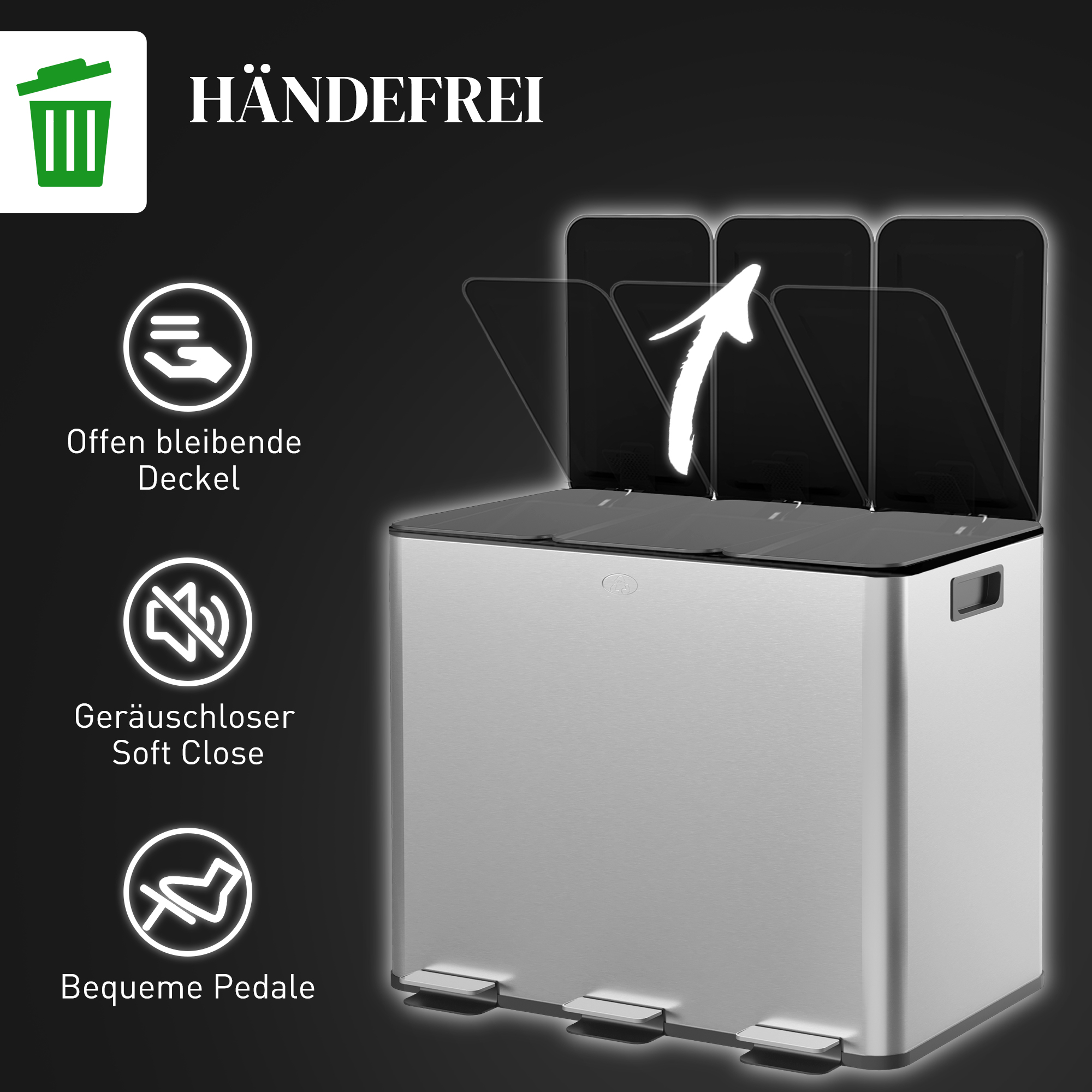 Mülleimer mit 3 x 20l Fächern, Deodorant-Deckel, fingerabdrucksicher, Soft-Close, herausnehmbar, Silber