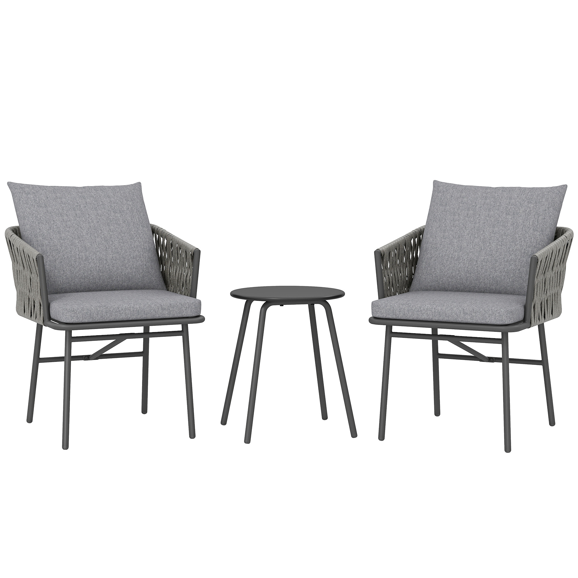 3-teiliges Außenmöbel-Set, 2 Stühle, 1 Tisch, Bistro-Set, Kunst-Rattan, Stahlrahmen, Metalltisch, 4 Kissen, Grau 3-teiliges Außenmöbel-Set, 2 Stühle, 1 Tisch, Bistro-Set, Kunst-Rattan, Stahlrahmen, Metalltisch, 4 Kissen, Grau
