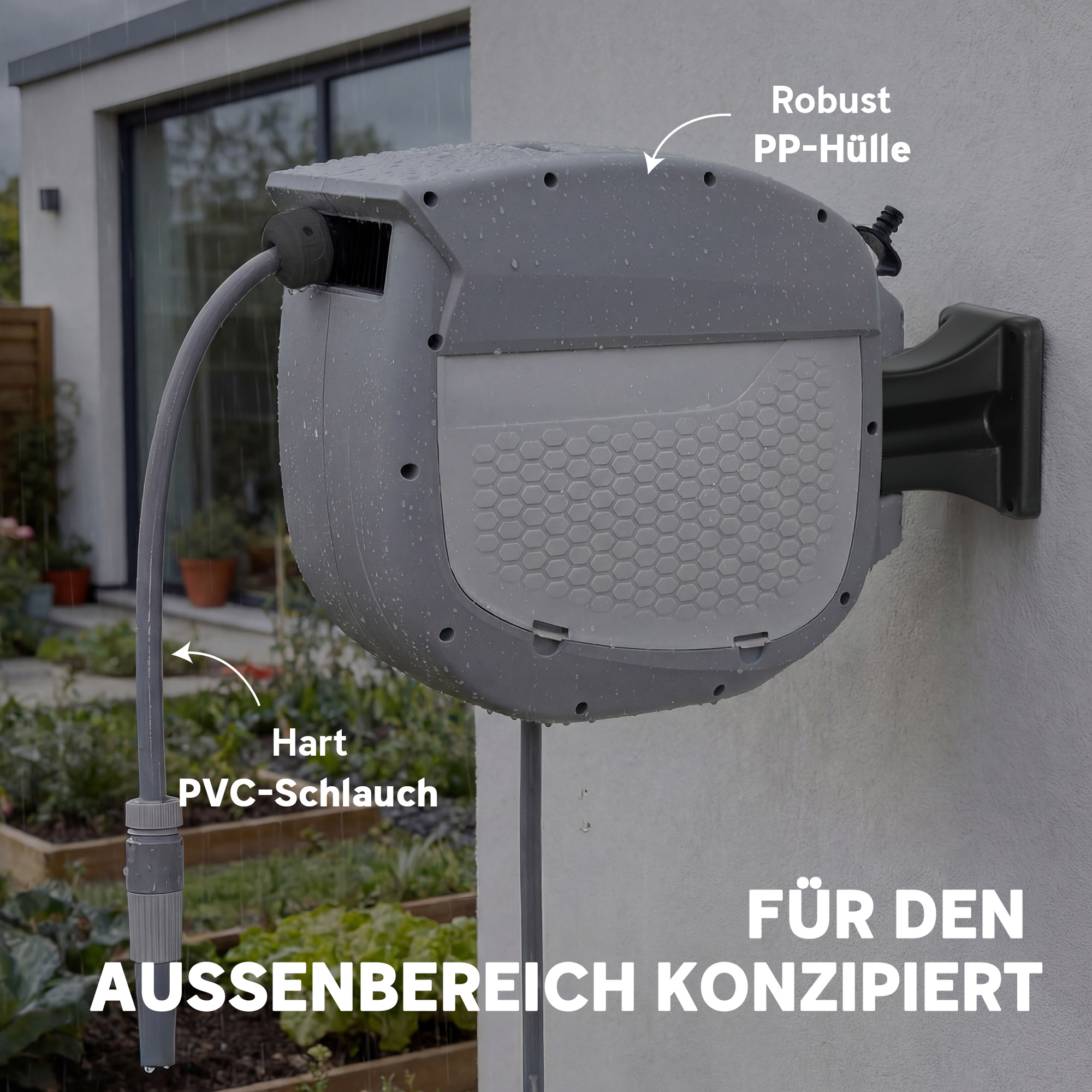 Schlauchtrommel mit Gartenschlauch 20 m, 180° schwenkbar Schlauchbox mit automatische Aufrollung Selbstverriegelung