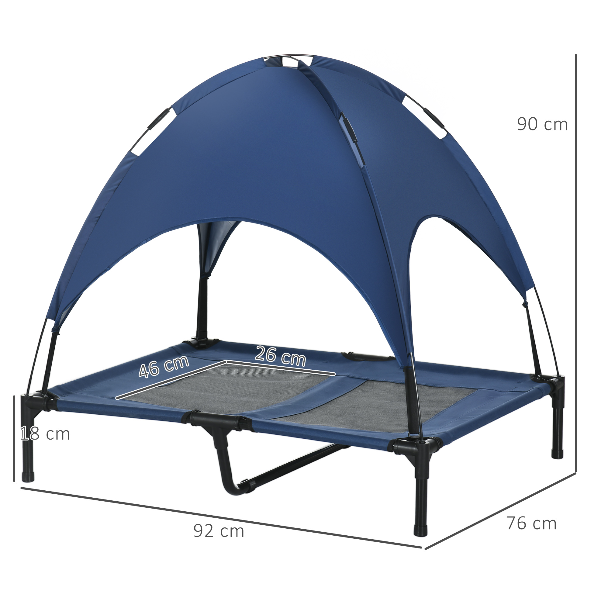 Hundebett mit Baldachin, Outdoor-Hundebett, klappbar, erhöhter Stand, Blau + Schwarz