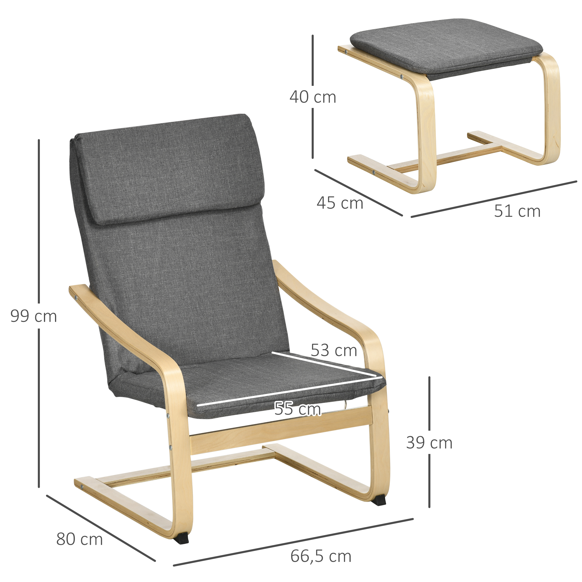 Sessel mit Fußhocker, Sessel-Set, bis 120 kg, Leinenoptik, Massivholz, Grau + Natur, 66,5 x 80 x 99 cm
