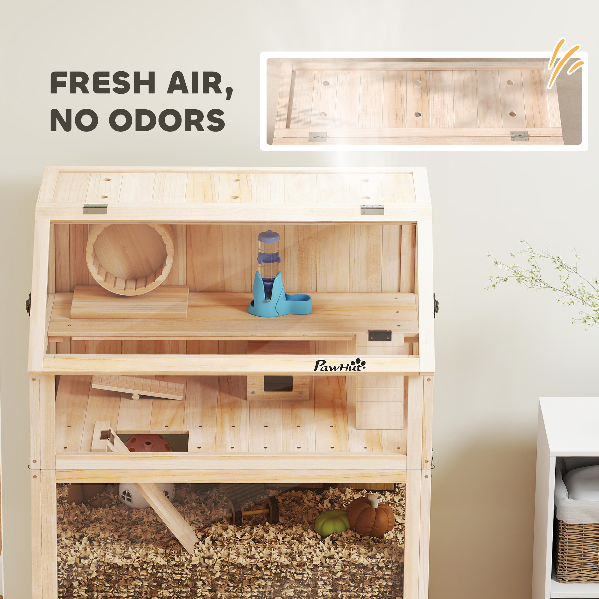 Hamsterkäfig aus Holz 3 Etagen Nagerkäfig mit abnehmbar Boden Ablage Laufrad Wippe Rampe Hütte 80x53x117cm Naturholz