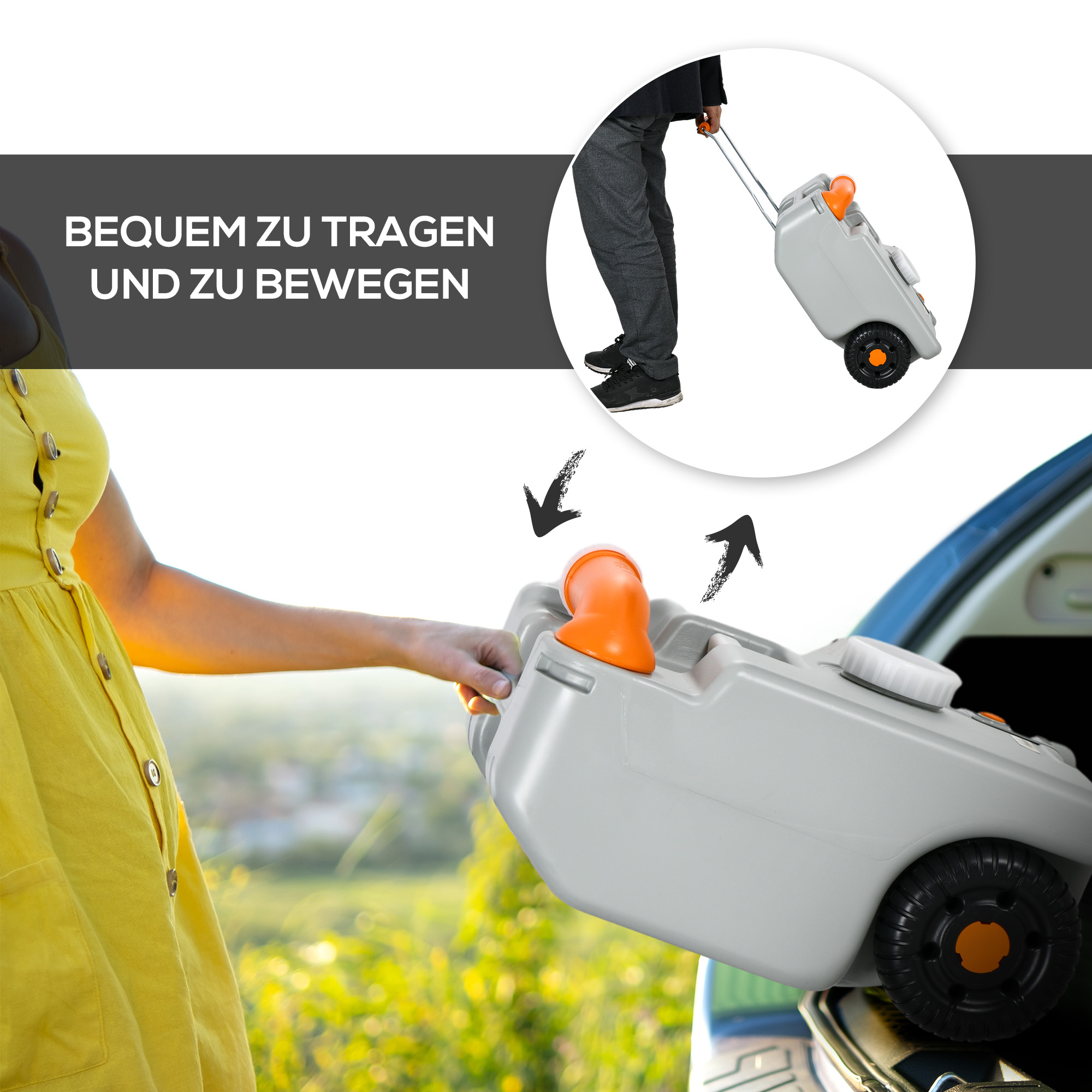 Abwassertank, 22 L, rollbar, spritzfreie Entleerung, HDPE, 33 x 26 x 53 cm, Grau