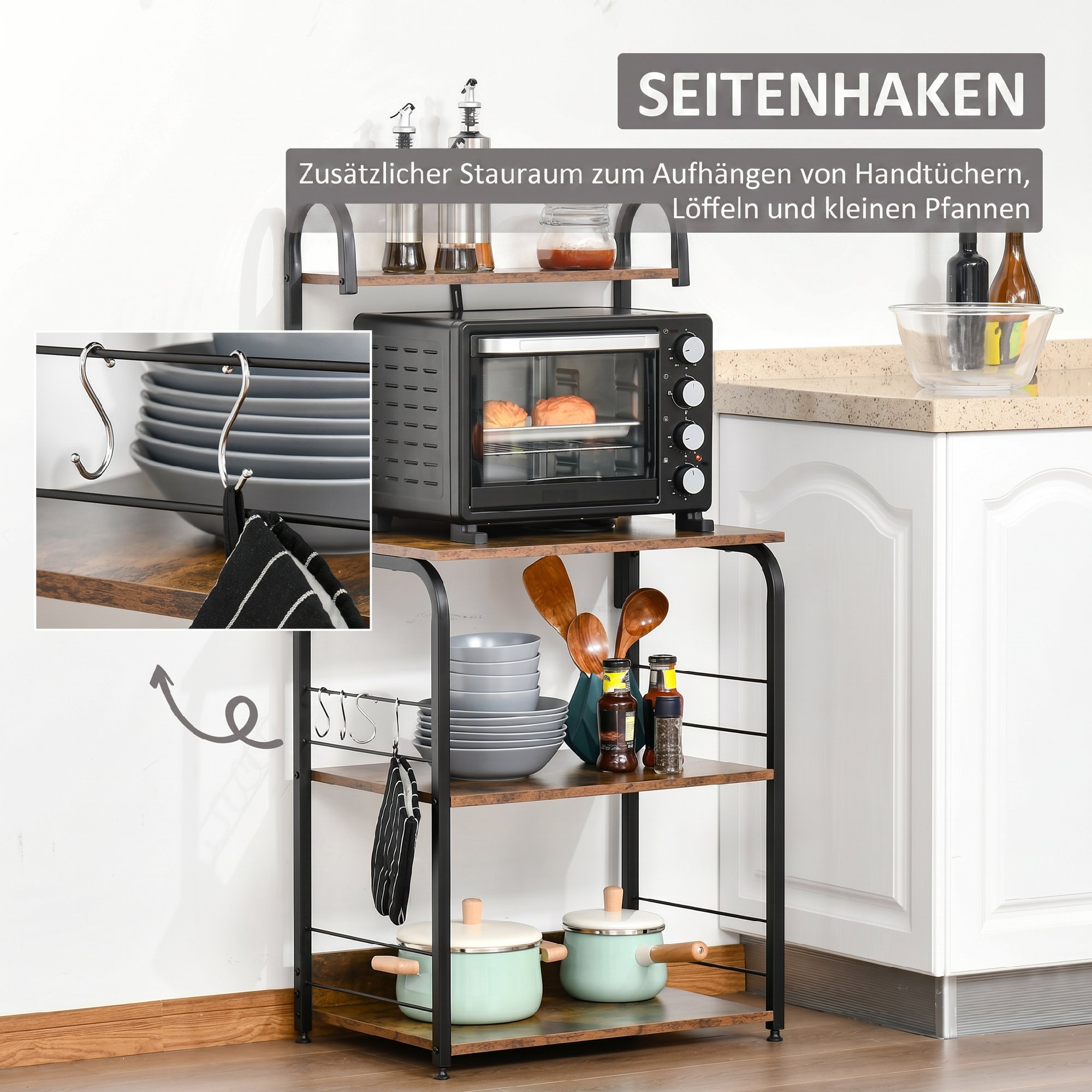 Küchenregal, Standregal mit 3 Ablagen, 4 Haken, Mikrowellenregal für Küche, Esszimmer, Rustikal-Braun, 60 x 40 x 125 cm