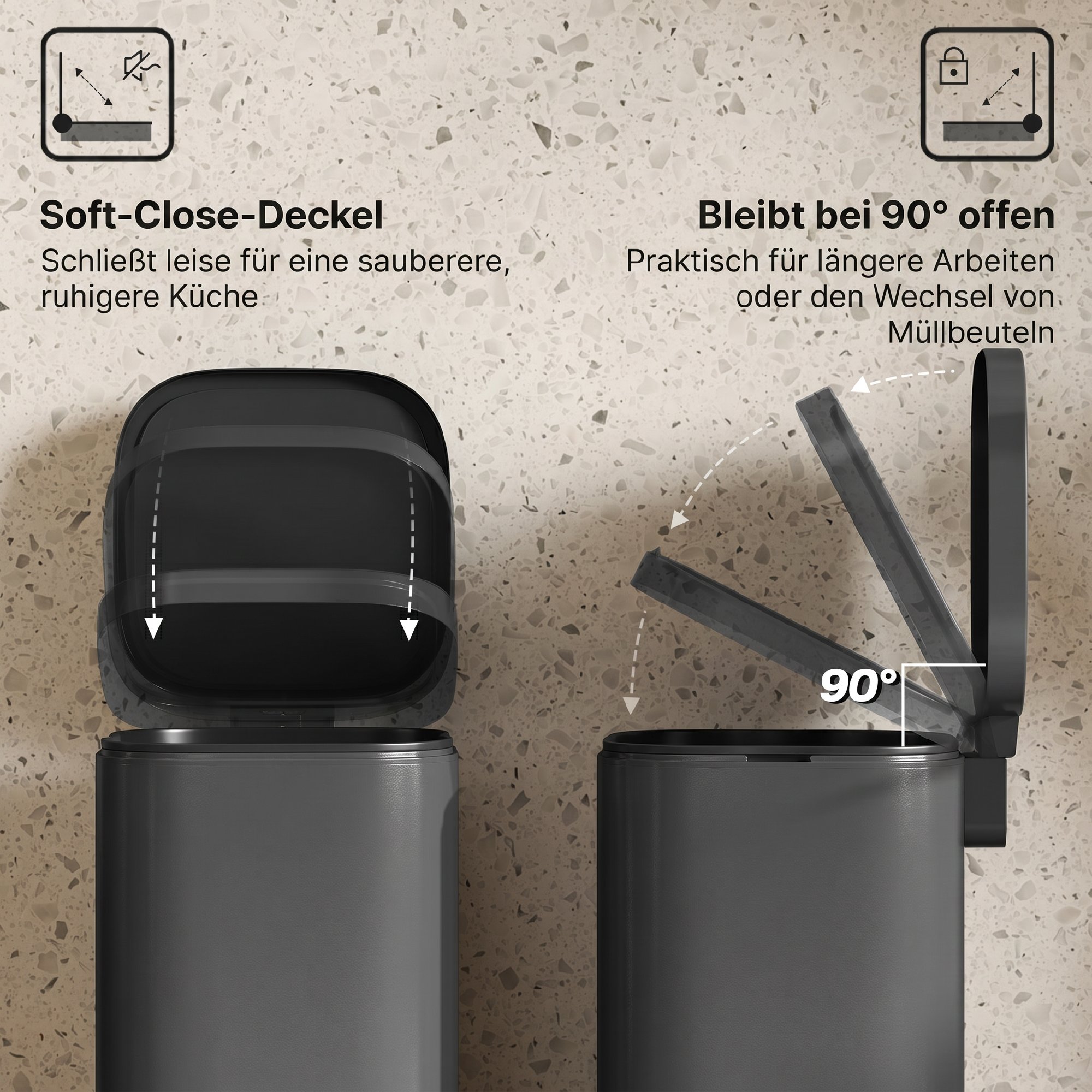 30L Küchenmülleimer Pedaleimer mit Deckel, Soft-Close- und Offenhalte-Funktion für Küche, Zuhause