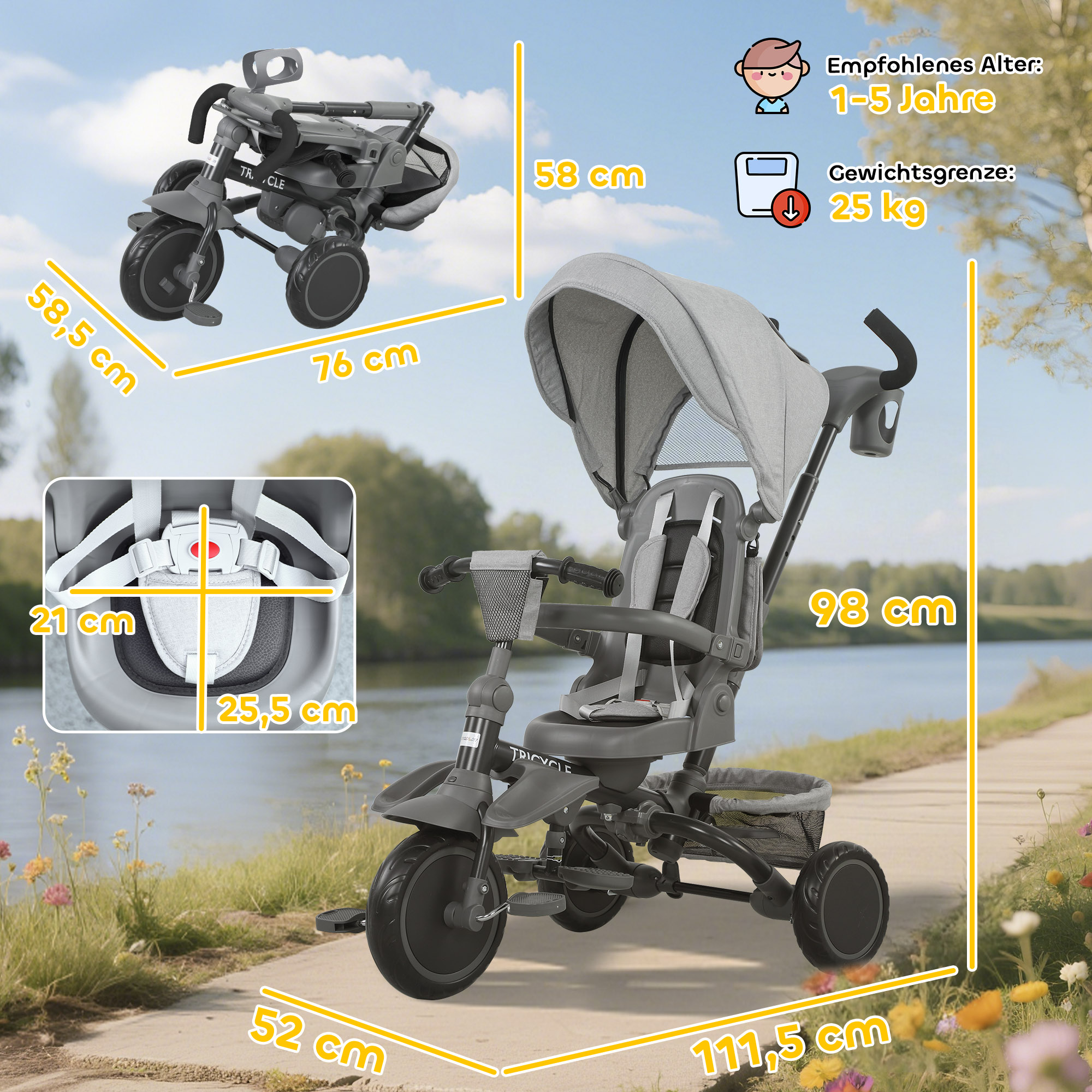 Kinderdreirad, 6-in-1 Buggy für Kleinkinder, mit Schiebegriff, verstellbarer Sitz, faltbares Design, Sicherheitsnetz, Grau