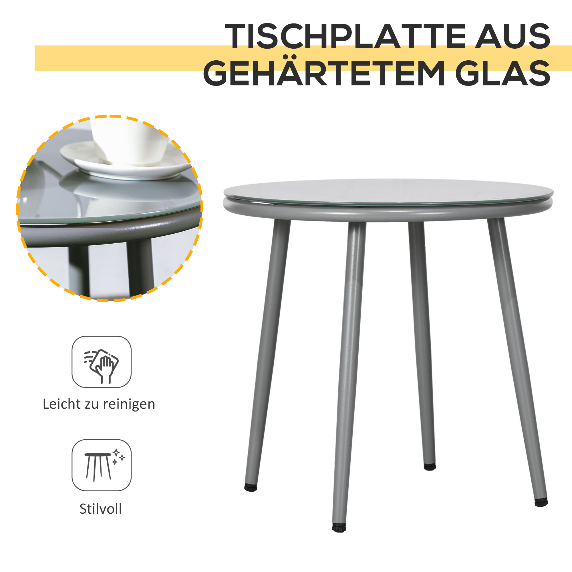 Gartenmöbel-Set, 2 Stühle & 1 Tisch mit Glasplatte, Rattanoptik, wetterfest, Metallrahmen, Grau