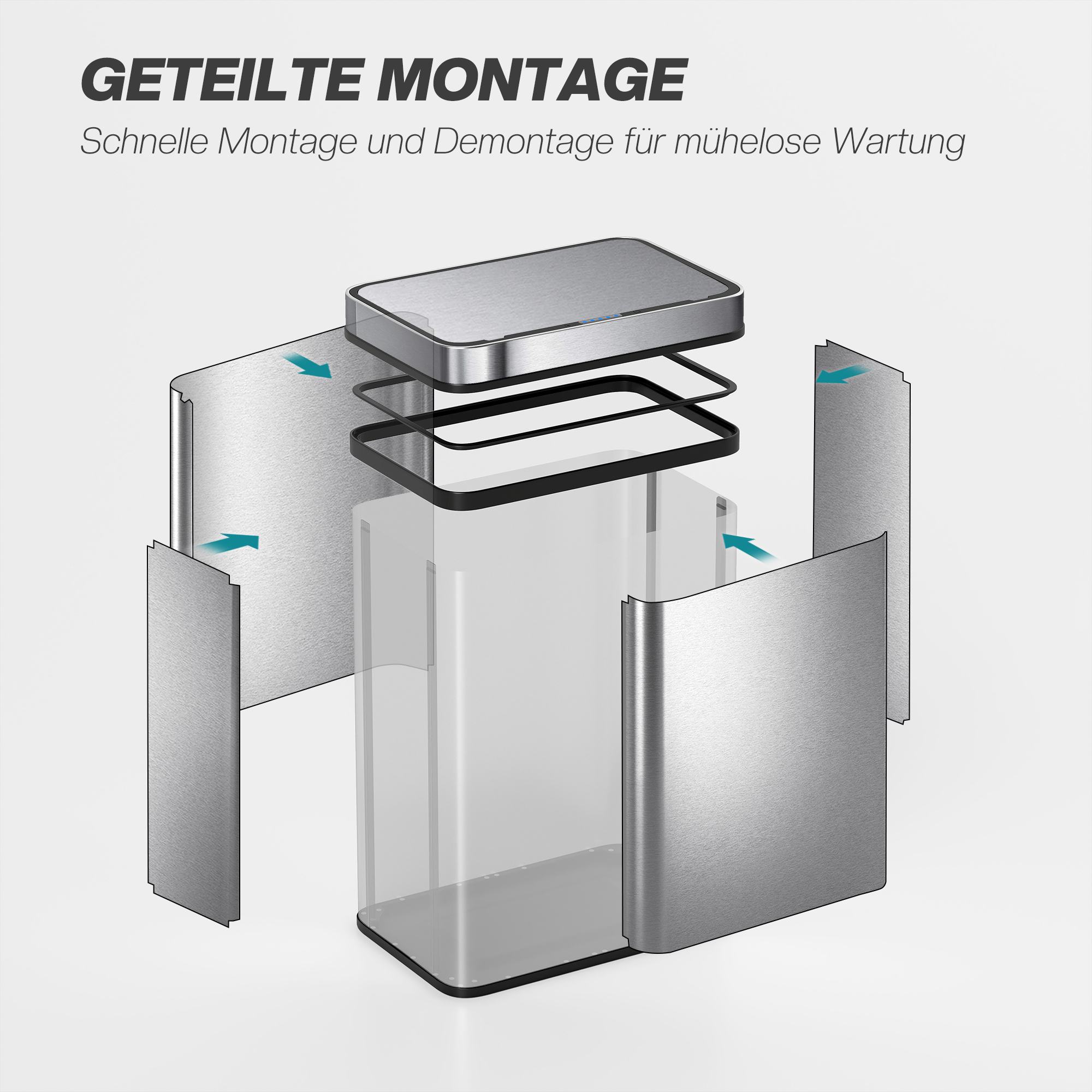 50 L Sensor-Mülleimer, automatischer Deckel, Edelstahl, vielseitig einsetzbar, Silberfarben