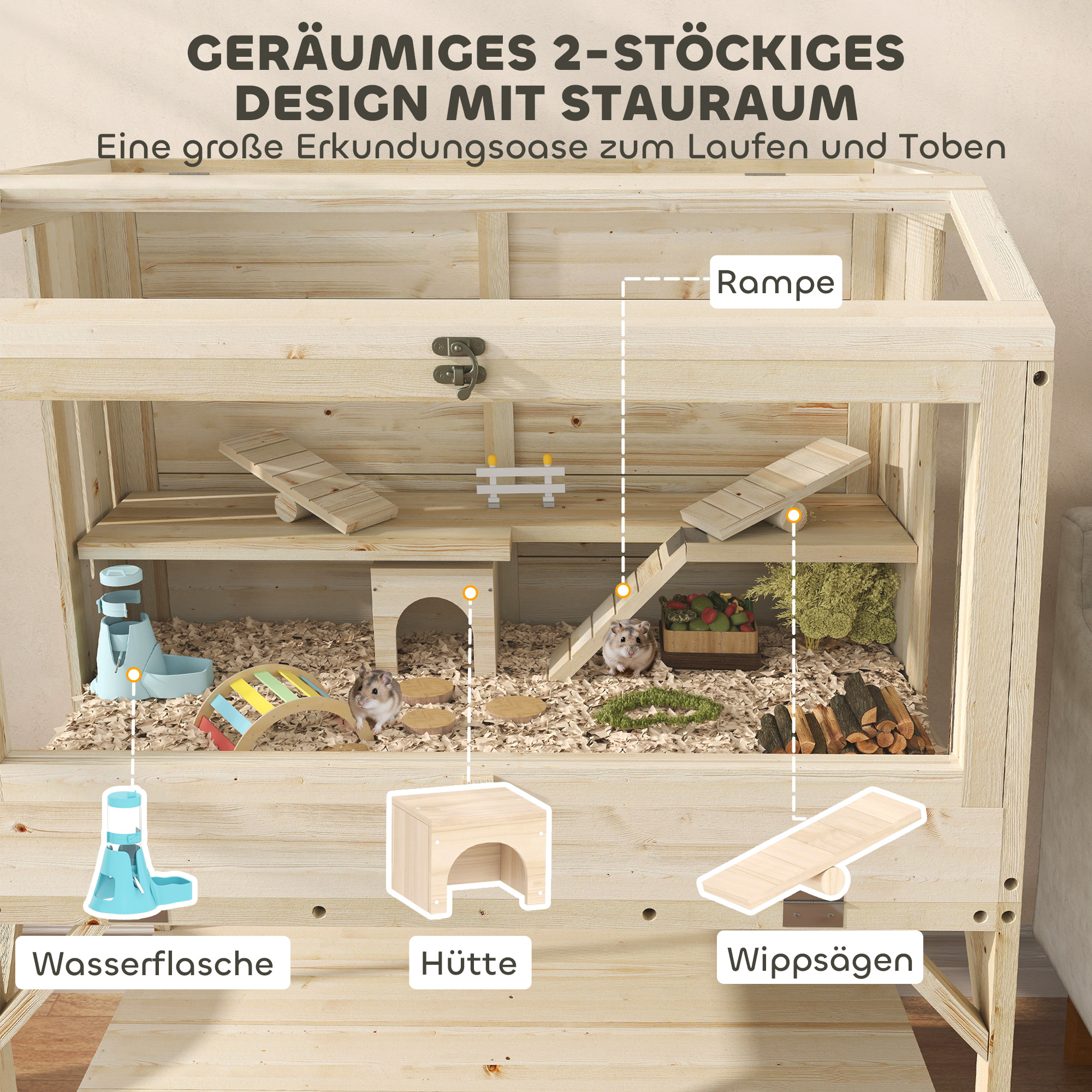 Hamsterkäfig, 2 Ebenen, Kleintierkäfig mit Aufbewahrungsfach, Zubehör, 84 x 53 x 110 cm, Naturholz