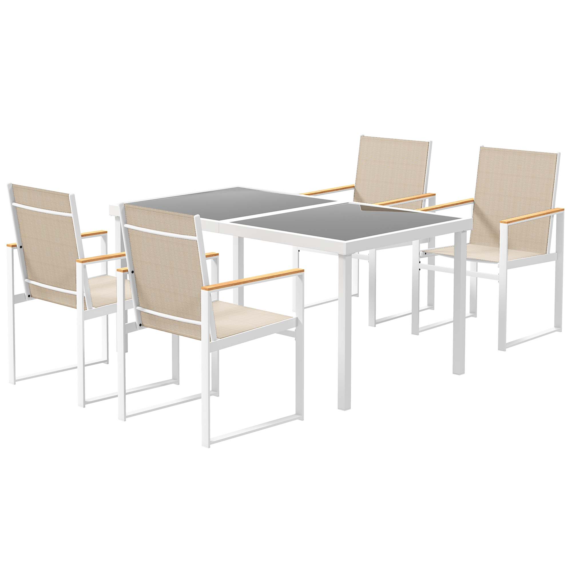 5-teiliges Ess-Set, Outdoor-Tisch aus Hartglas, 4 Stühle, wetterbeständig, Stahlrahmen, Terrassenmöbel, Mehrfarbig 5-teiliges Ess-Set, Outdoor-Tisch aus Hartglas, 4 Stühle, wetterbeständig, Stahlrahmen, Terrassenmöbel, Mehrfarbig