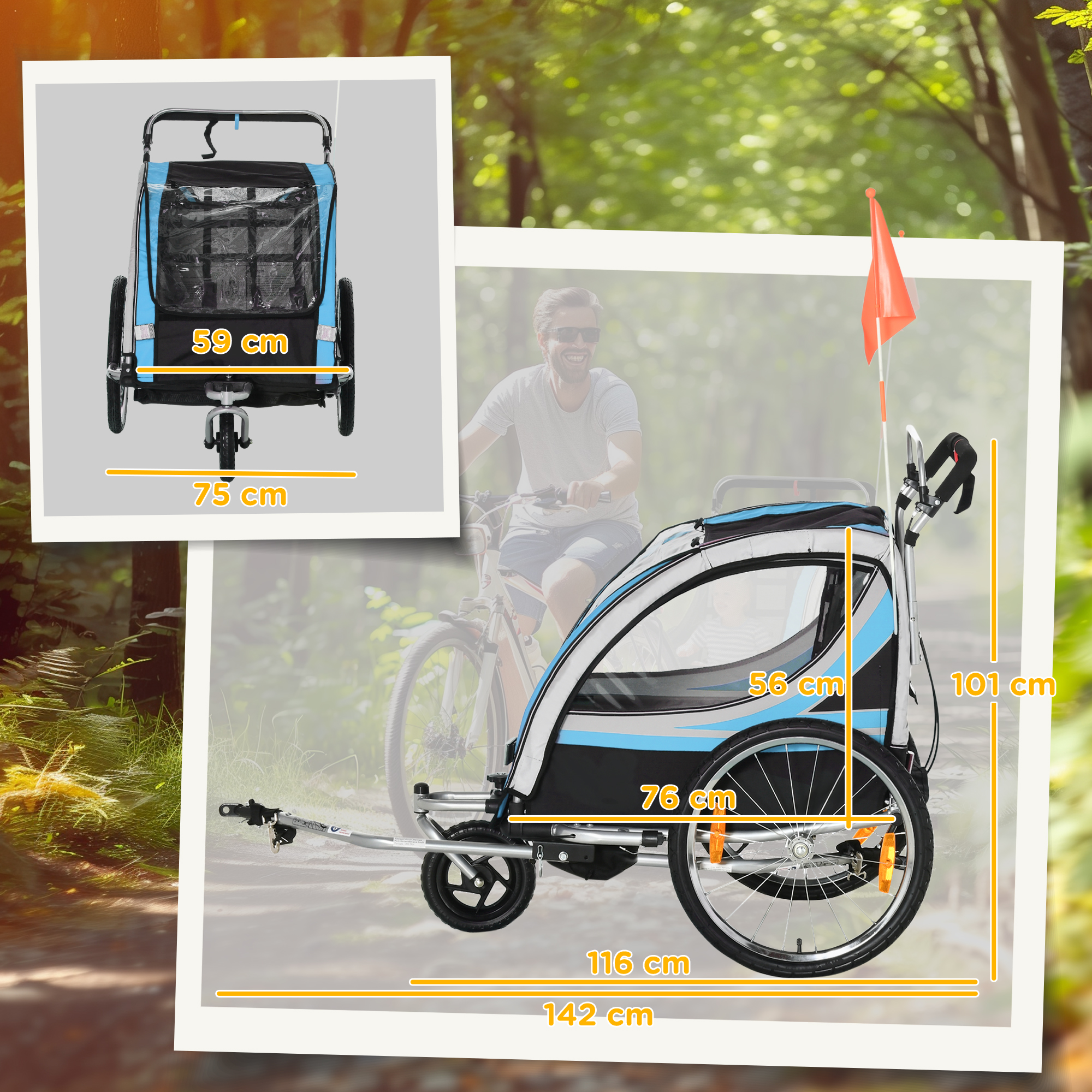 Kinderanhänger, Kinderwagen, 5-Punkt-Sicherheitsgurt, Universalkupplung, Stahl, Blau, 142 x 75 x 101 cm