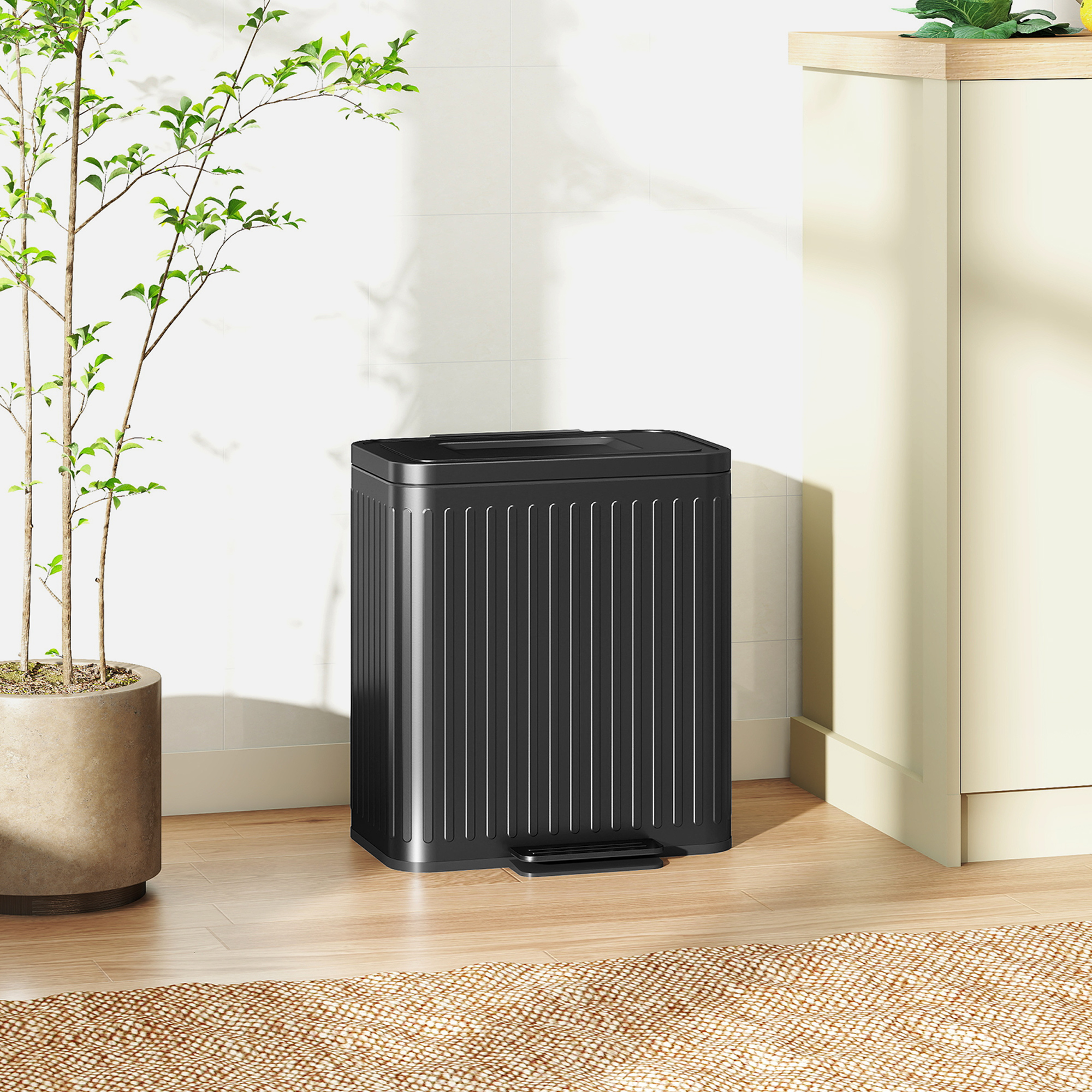 Küchenmülleimer, 2x 20l-Fächer, effiziente Mülltrennung, Fußpedal, Kunststoff, Metall, Schwarz