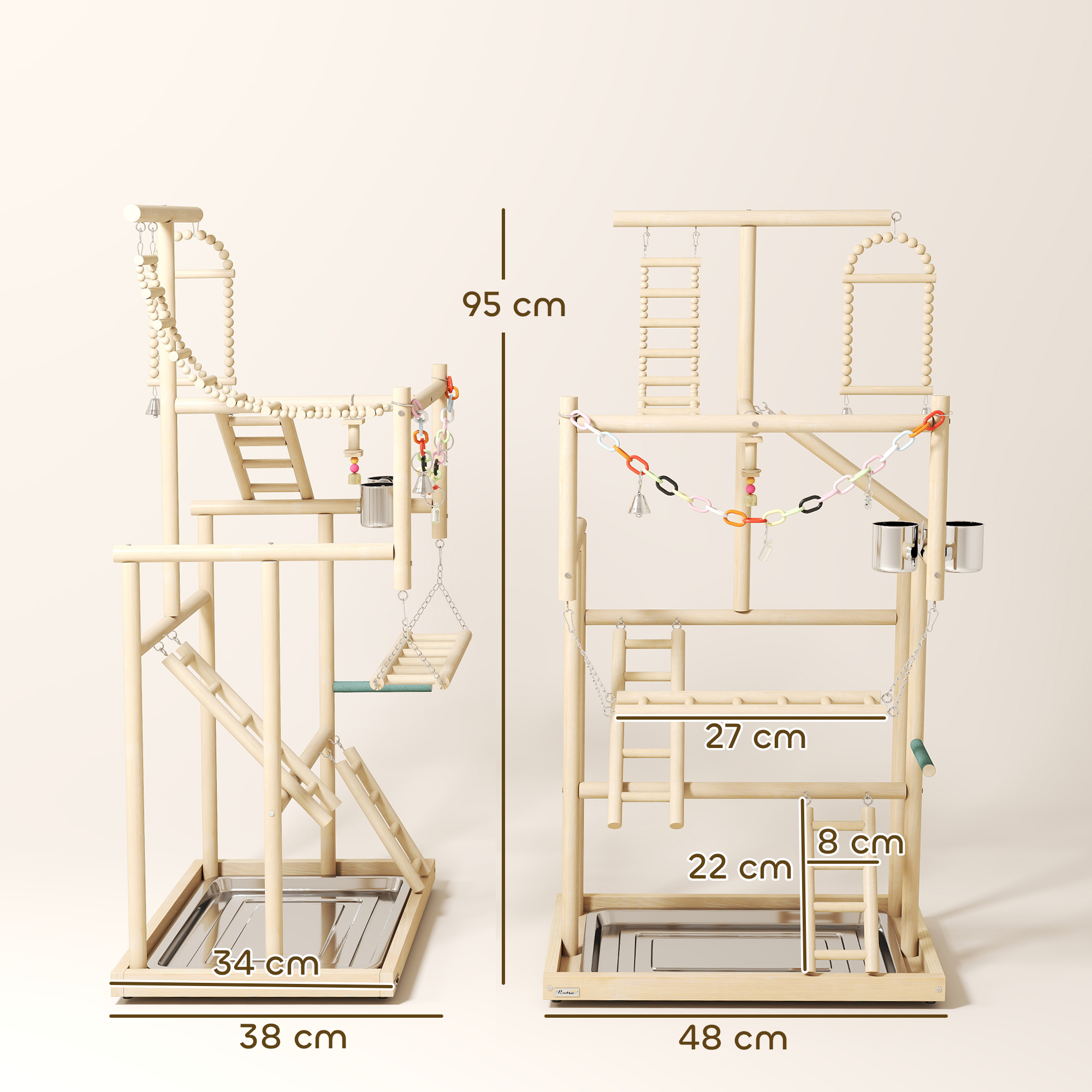 Vogelständer, Vogelstangen-Set, 4 Ebenen, Edelstahltablett, Spielzeug, Naturholz