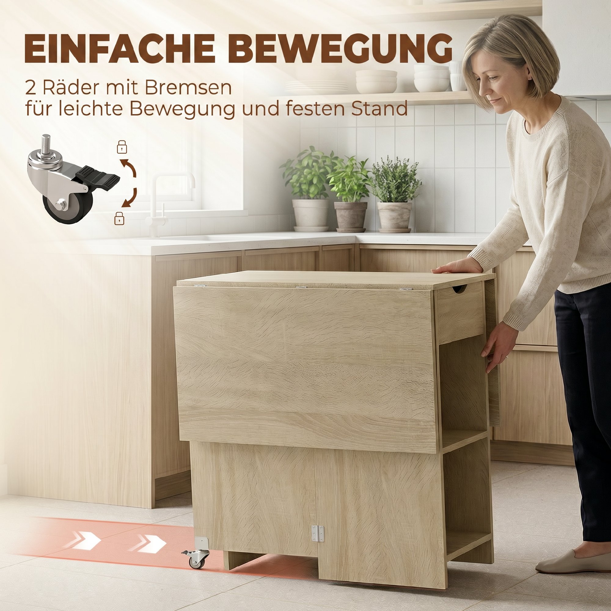 klappbarer Esstisch für 2-4 Personen, Rollbarer Tisch mit offenem Fach und Schublade, ideal für kleine Räume, Natur