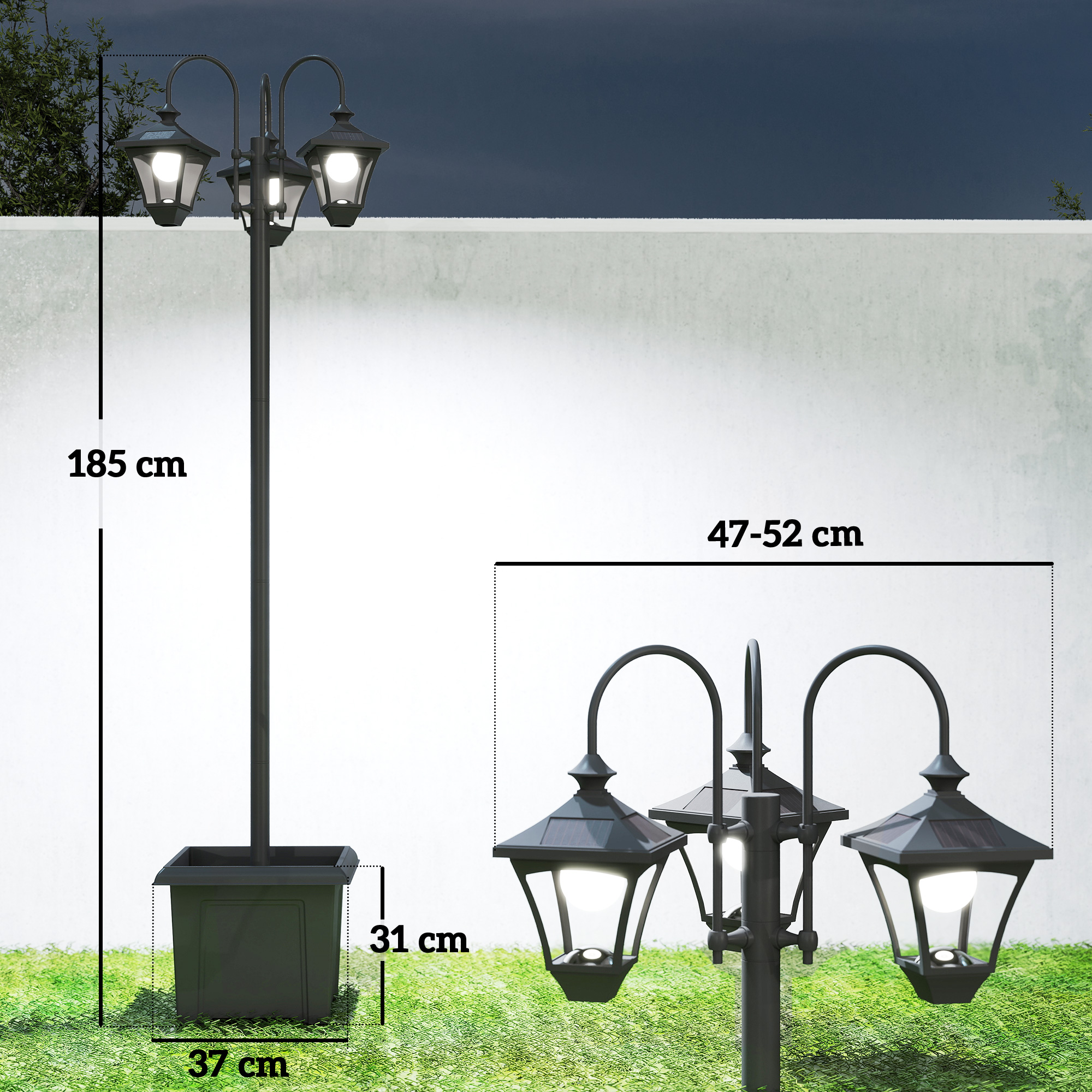 Solar Laterne Stehleuchte mit Blumentopf 185cm Höhenverstellbar Außen Gartenlaterne mit 3 Lampenköpfe Lichtsteuerung