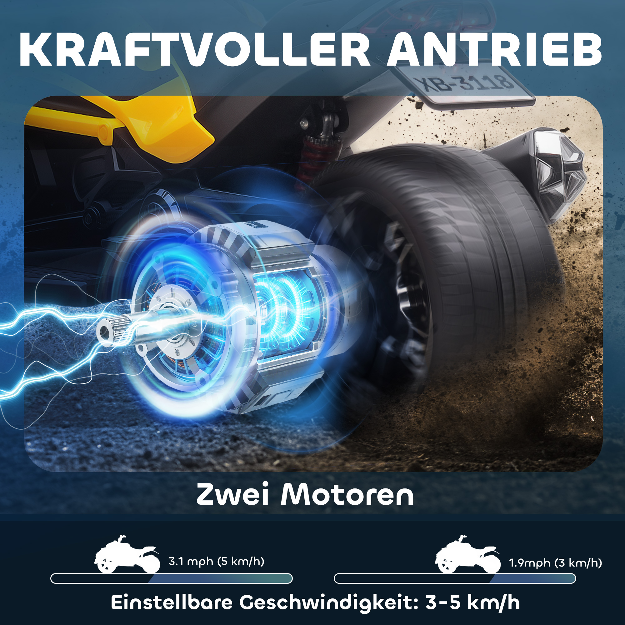 Kinderfahrzeug, Reverse-Dreirad-Design, Batteriebetrieb, MP3-Player, Hupe, 2 Geschwindigkeiten, LED-Lichter, 3-8 Jahre, Gelb