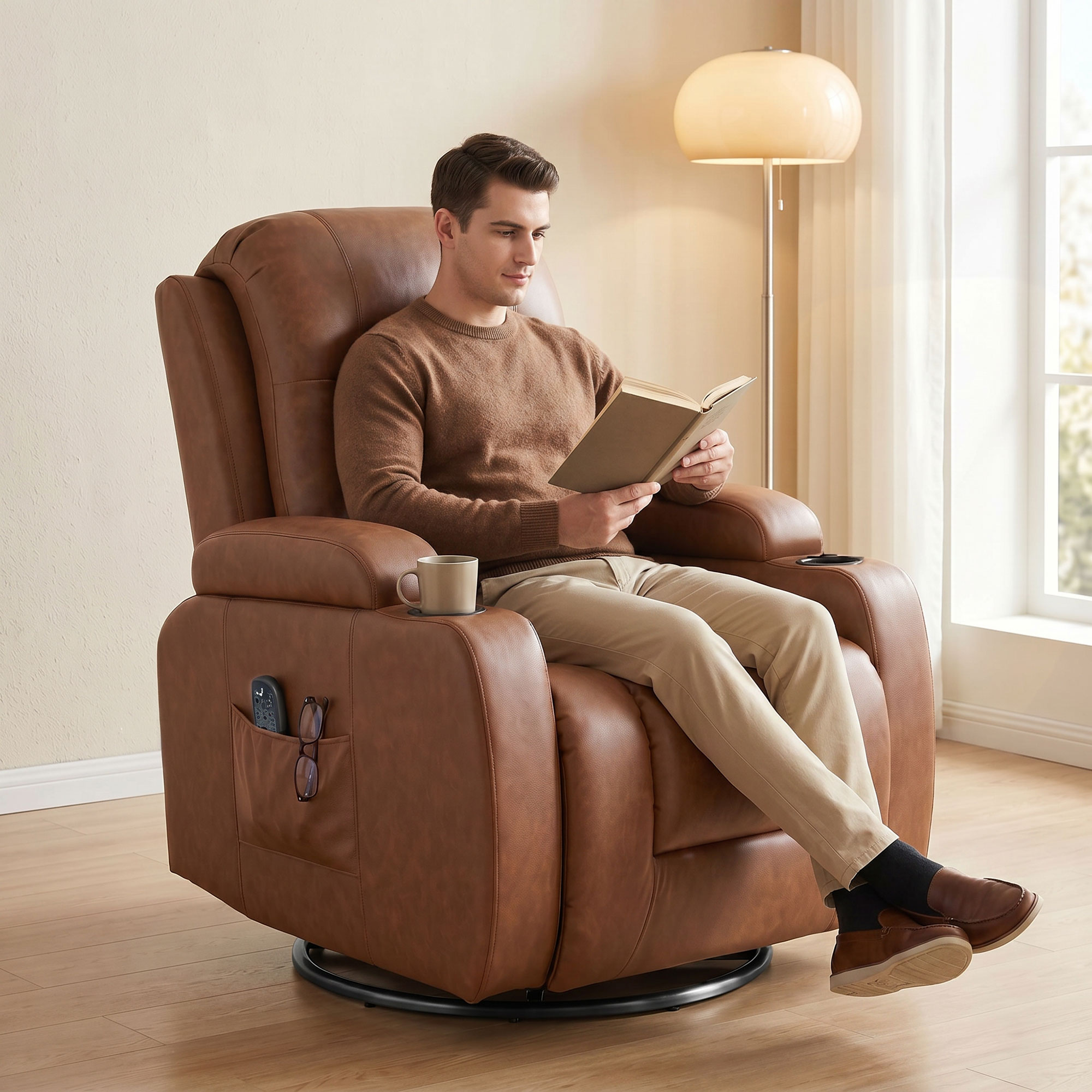 Massagesessel mit Wärmefunktion, drehbarer Schaukelsessel mit Fußstütze, Hellbraun