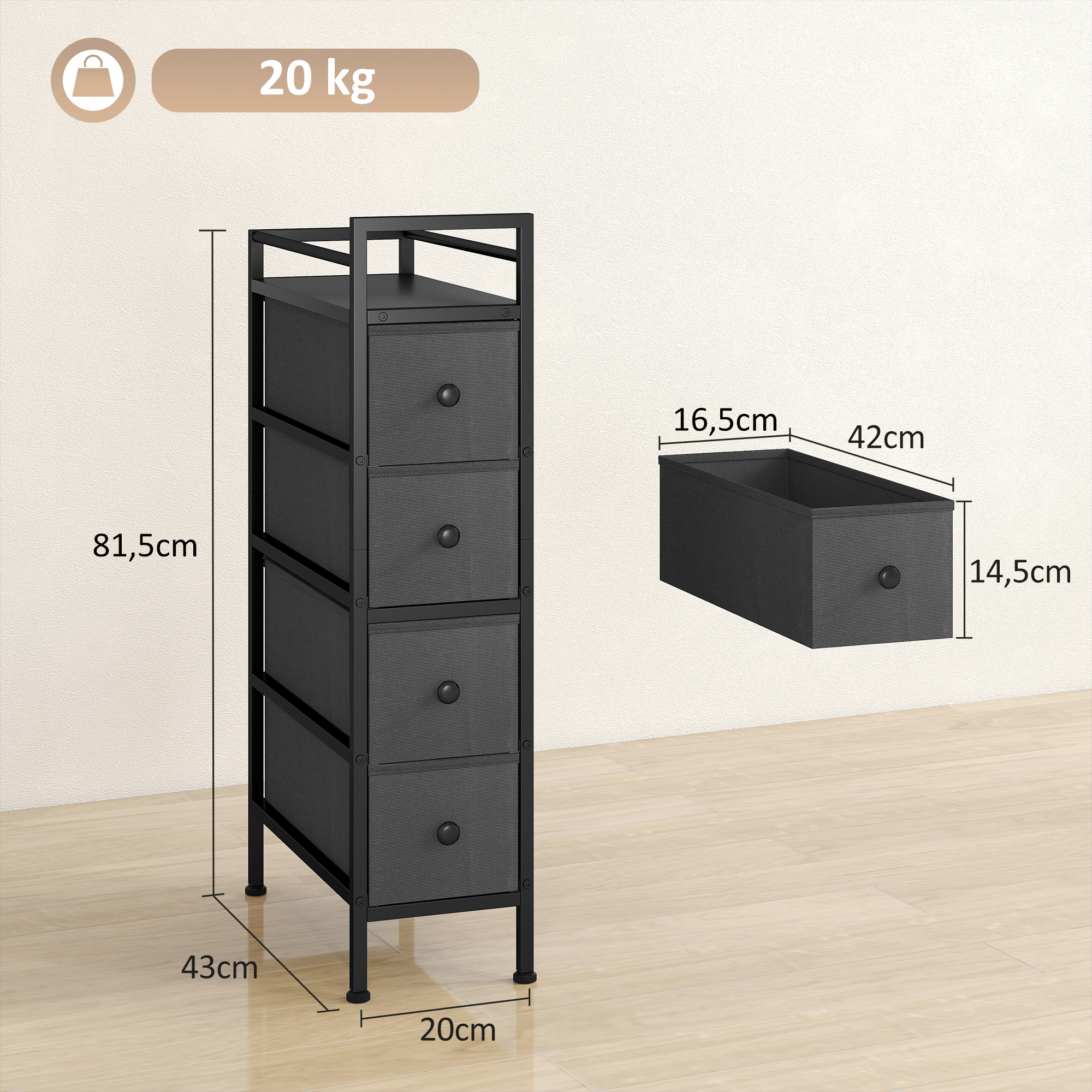 Kommode Schrank mit 4 Schubladen aus Vliesstoff Aufbewahrungsschrank mit Stahlrahmen, 20cm x 43cm x 81,5cm, Schwarz