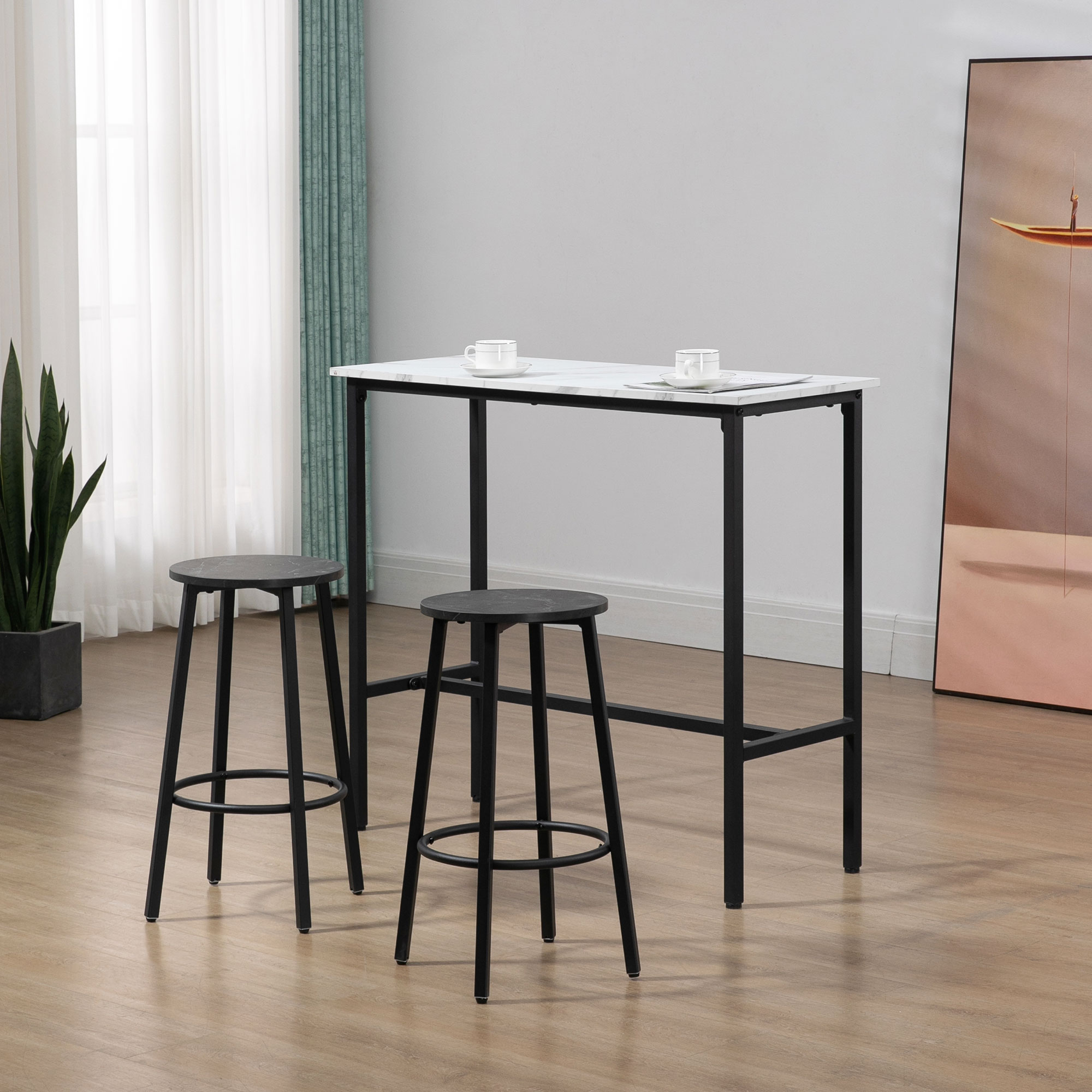 Bar-Set für 2 Personen, 1 Tisch mit 2 Barhockern, Tischplatte in weißer Marmoroptik, Stahlrahmen