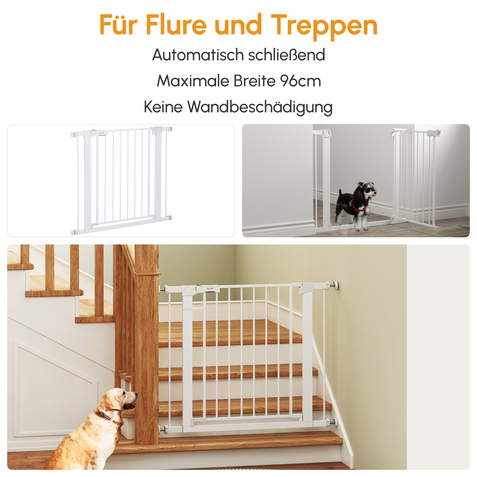 Türgitter, Montage ohne Bohren, verstellbare Breite 75-96 cm, einhändiges Öffnen, Metall, Weiß, Auto-Close Baby Schutzgitter