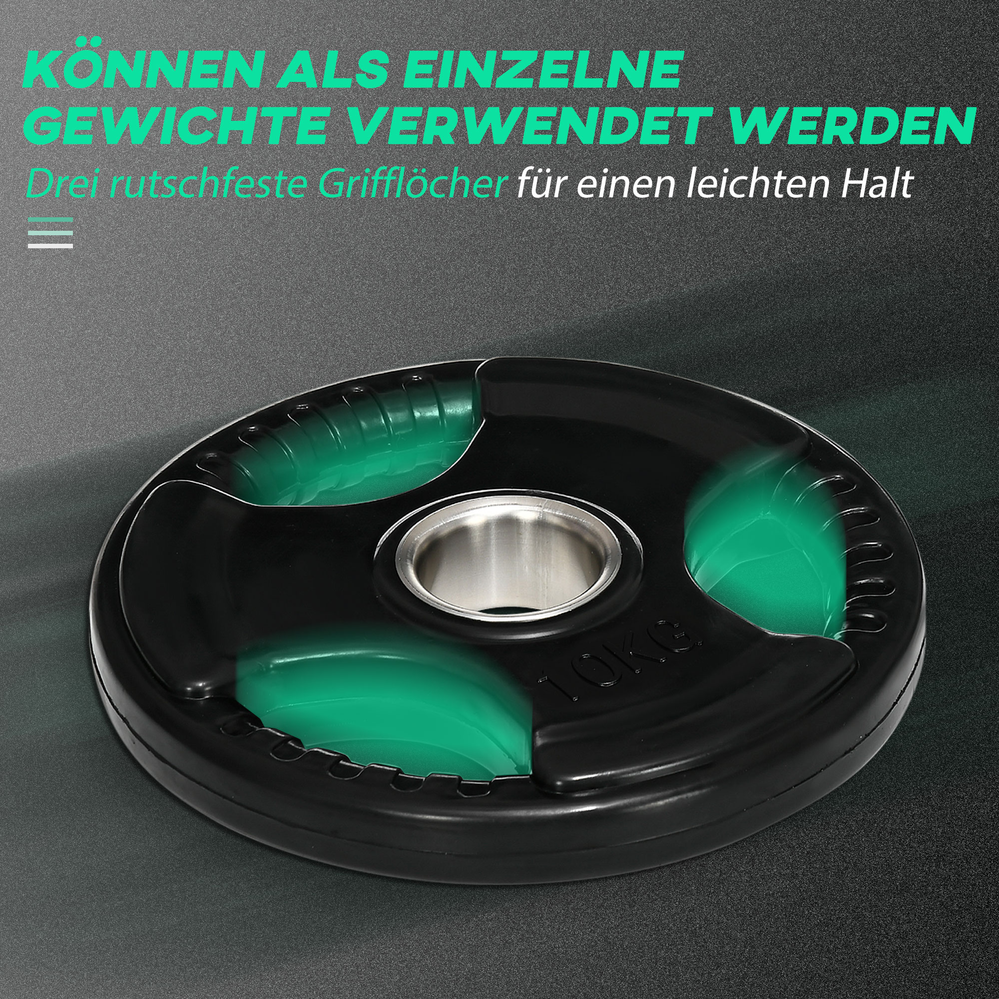 Hantelscheibe, 2er-Set, 10 kg pro Scheibe, drei Griffe, bodenschonender Gummimantel, Metall