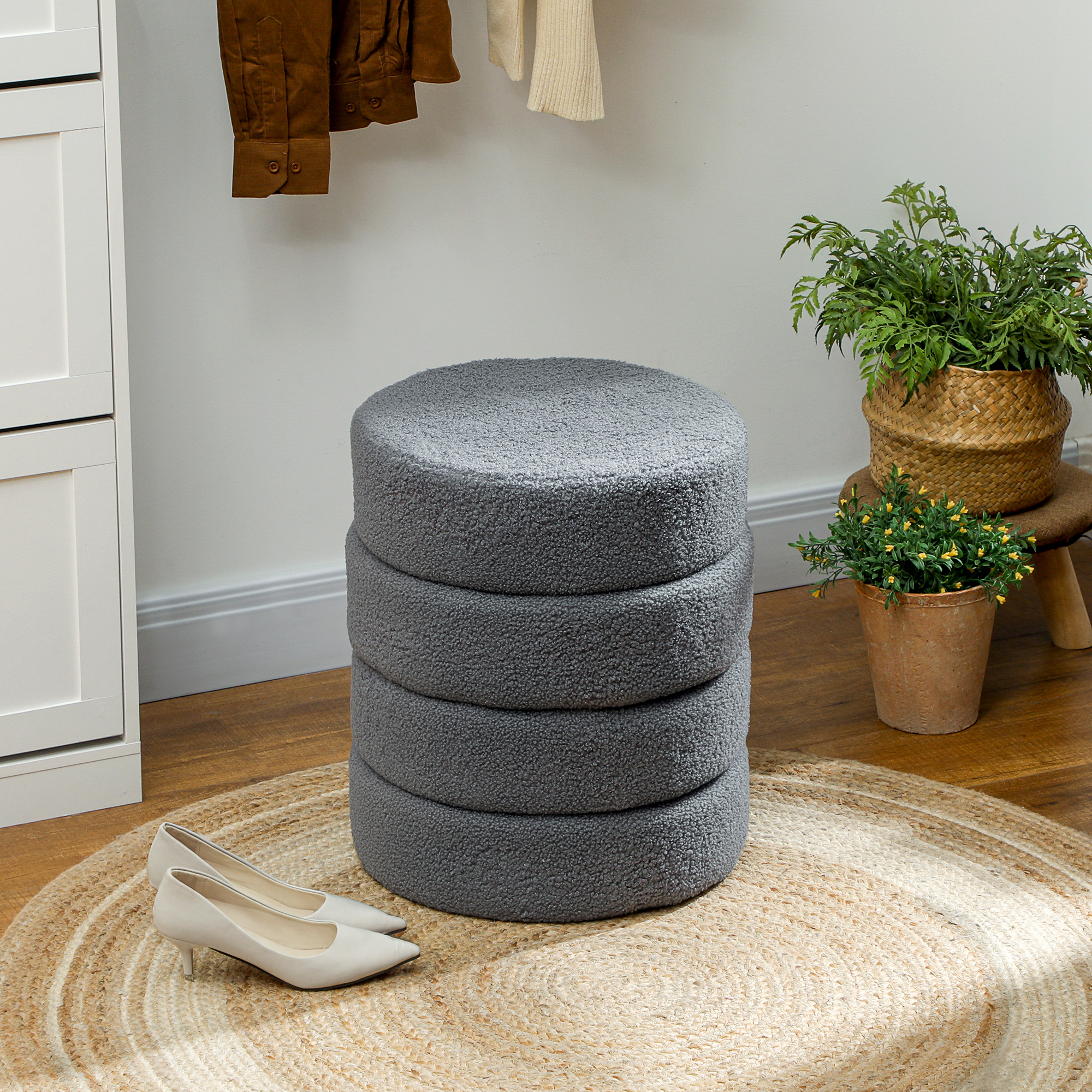 Hocker, rund, Teddyfleece, bis 120kg, ?40x45H cm, Dunkelgrau