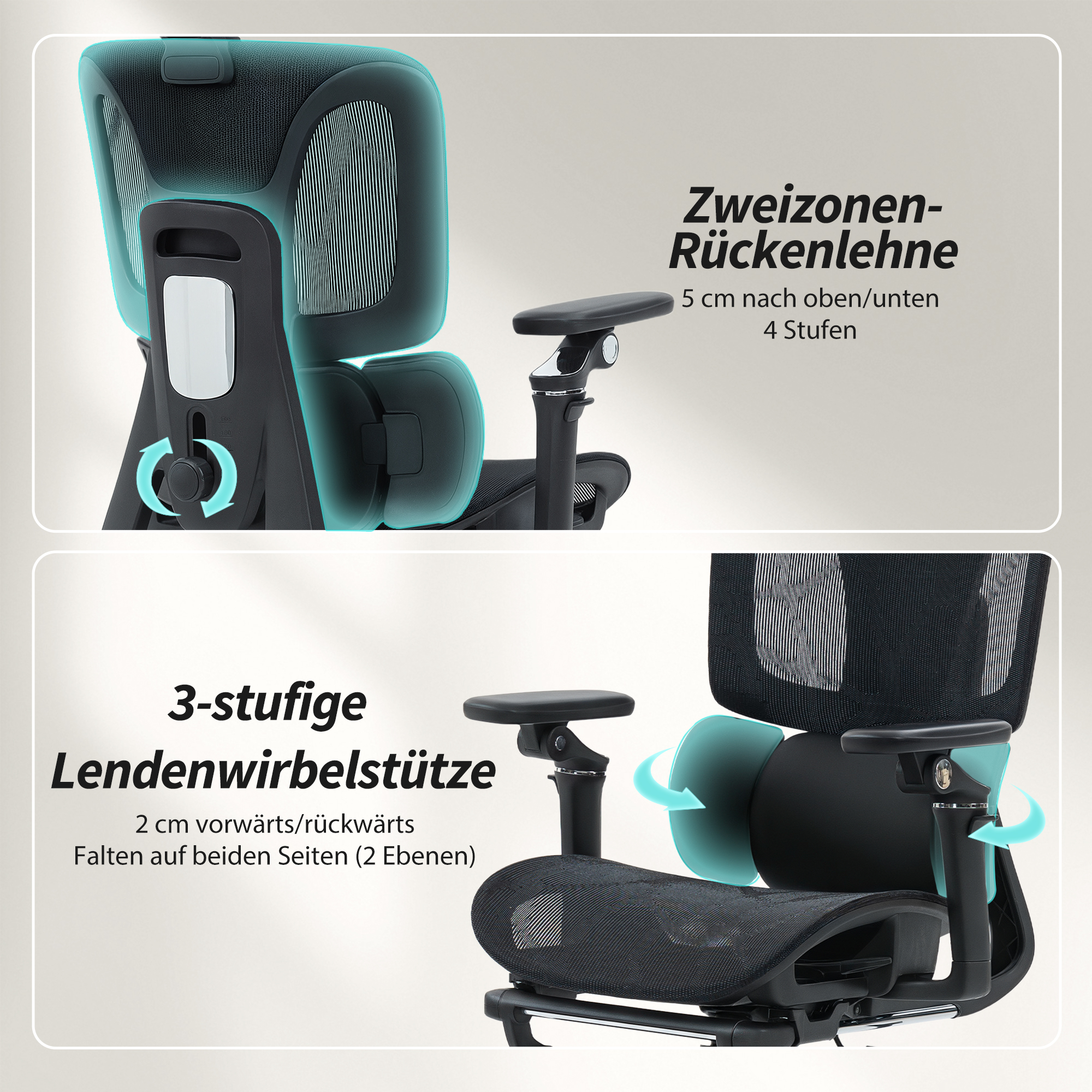 Bürostuhl Ergonomisch Schreibtischstuhl mit verstellbar Lenden- und Kopfstütze 6D-Klapparmlehnen Fußstütze Netz Schwarz