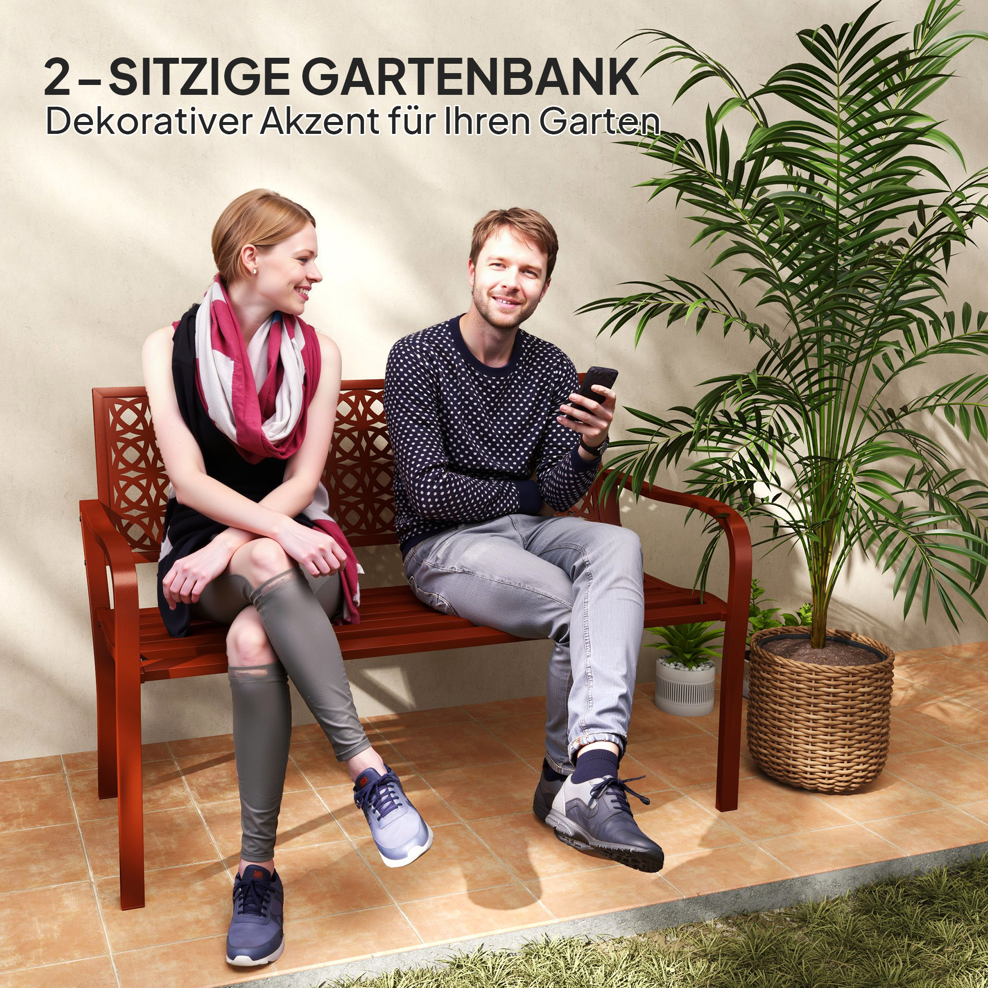 Außenbank, Gartenbank aus Stahl, Ausgeschnittene Rückenlehne, Armlehnen, für 2 Personen, Rot