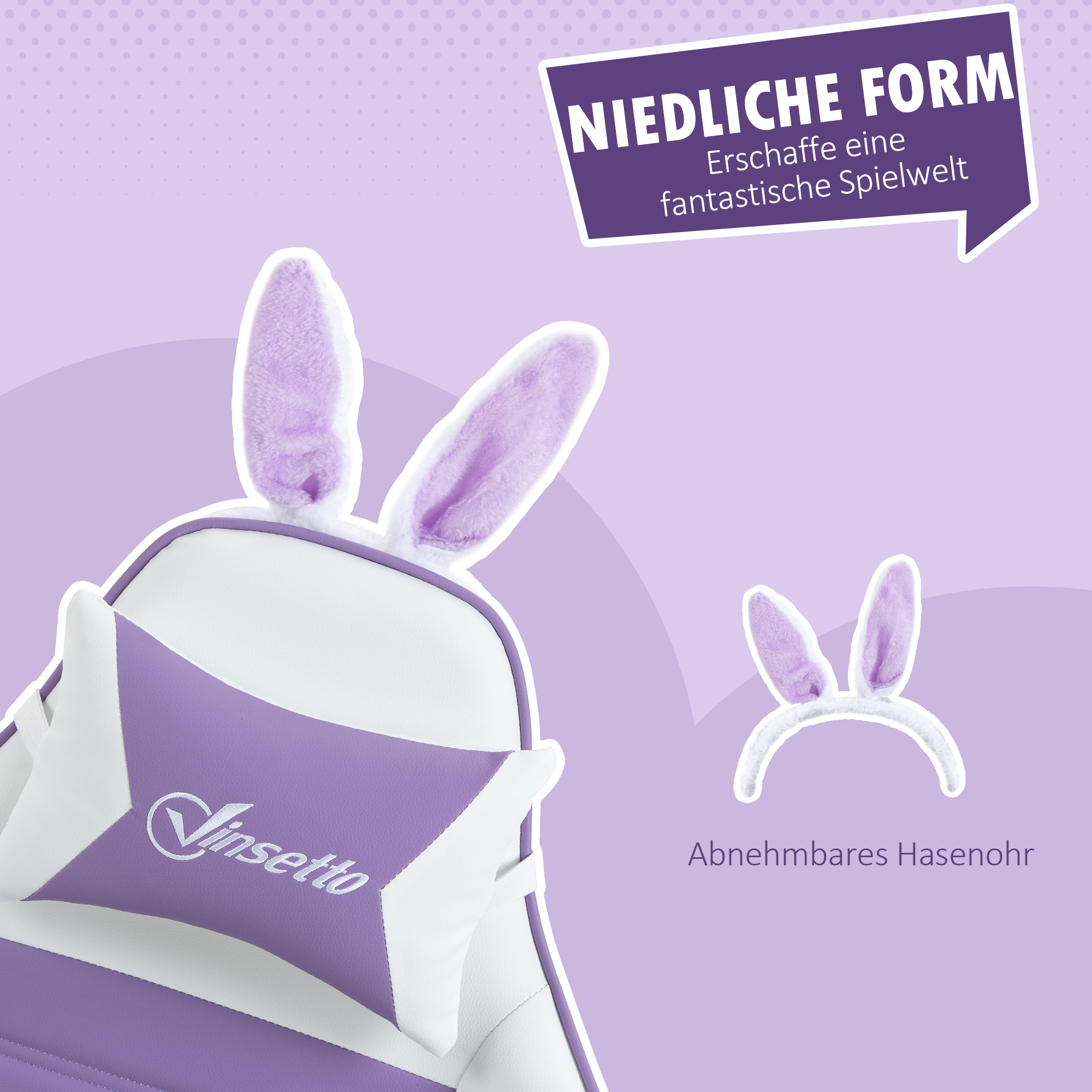 Gaming Stuhl Ergonomischer Gamer Stuhl mit Lendenwirbelstütze, Fußstütze Hasenohren Kopfkissen Violett