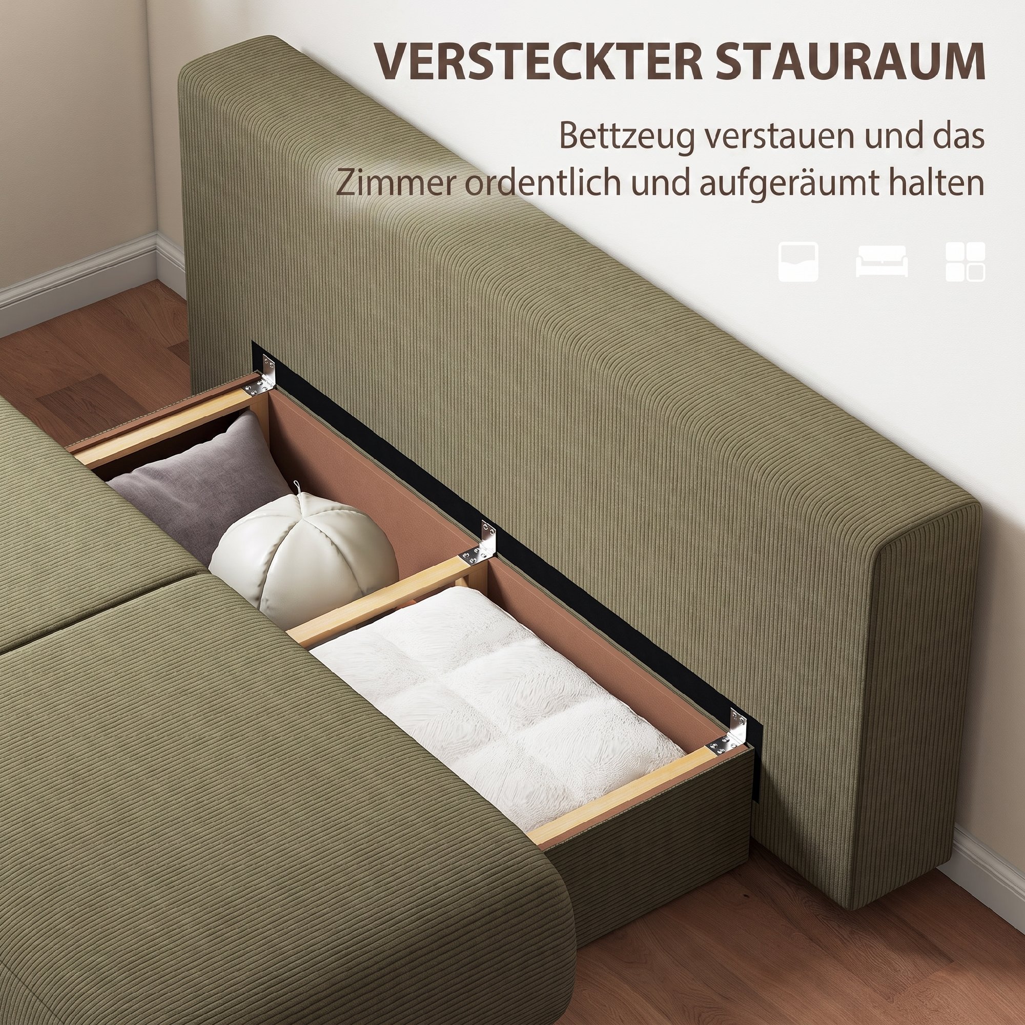 Schlafsofa mit verstellbarer Rückenlehne, Bettfunktion, verstecktem Stauraum und Cordbezug, Dunkelgrün