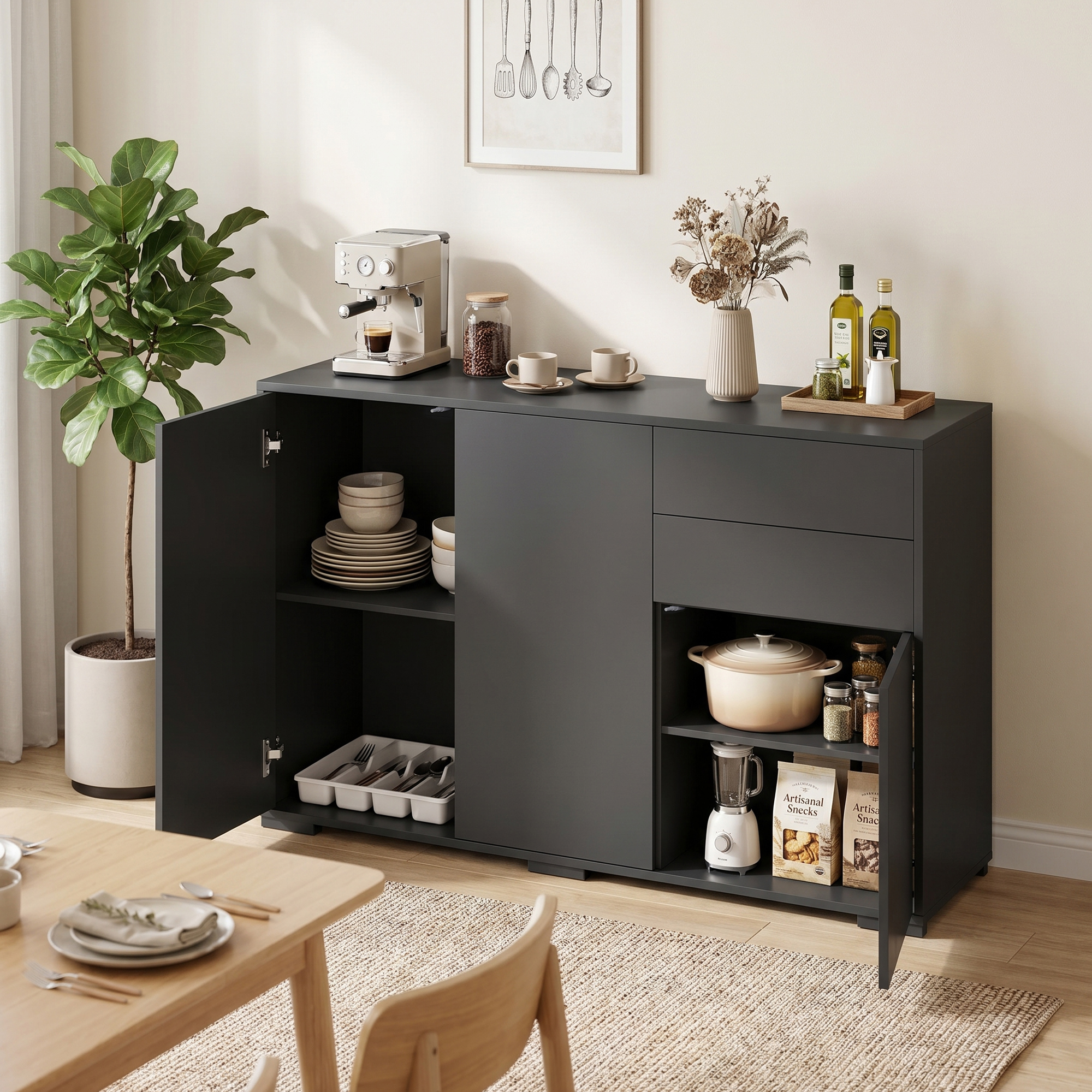 Sideboard Kommode Anrichte, 2 Schubladen, Push-Click, 117 cm x 36 cm x 74 cm, Schwarz