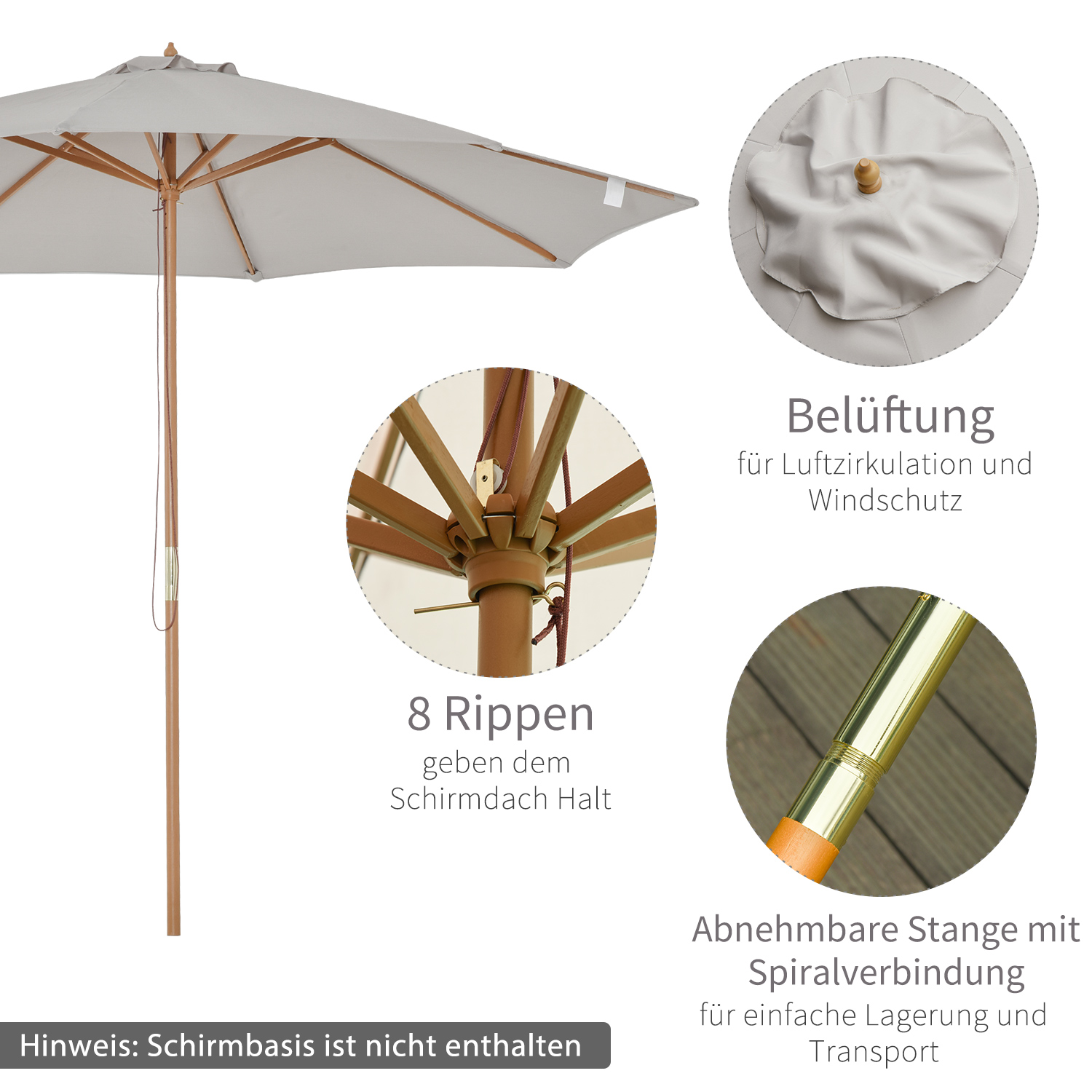 Sonnenschirm Holz 300 cm Holzschirm Gartenschirm Balkonschirm Bambus Grau