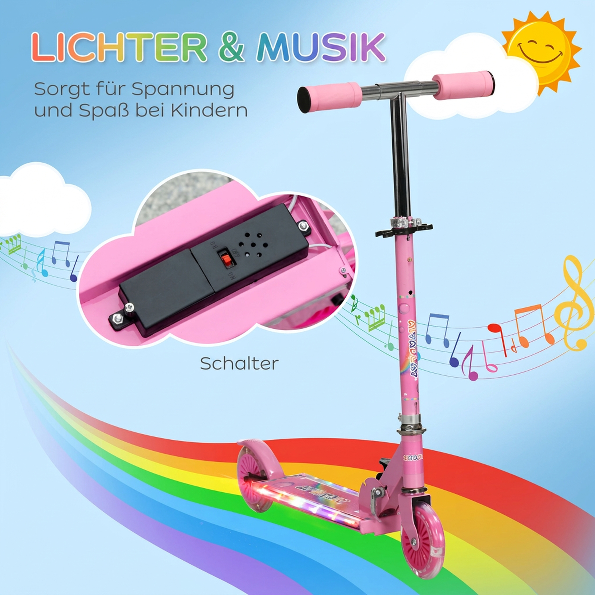 Roller Kinder Scooter mit LED Rädern 124 mm Rollen klappbarer Höhenverstellbar mit Musik Hinterradbremse Rosa
