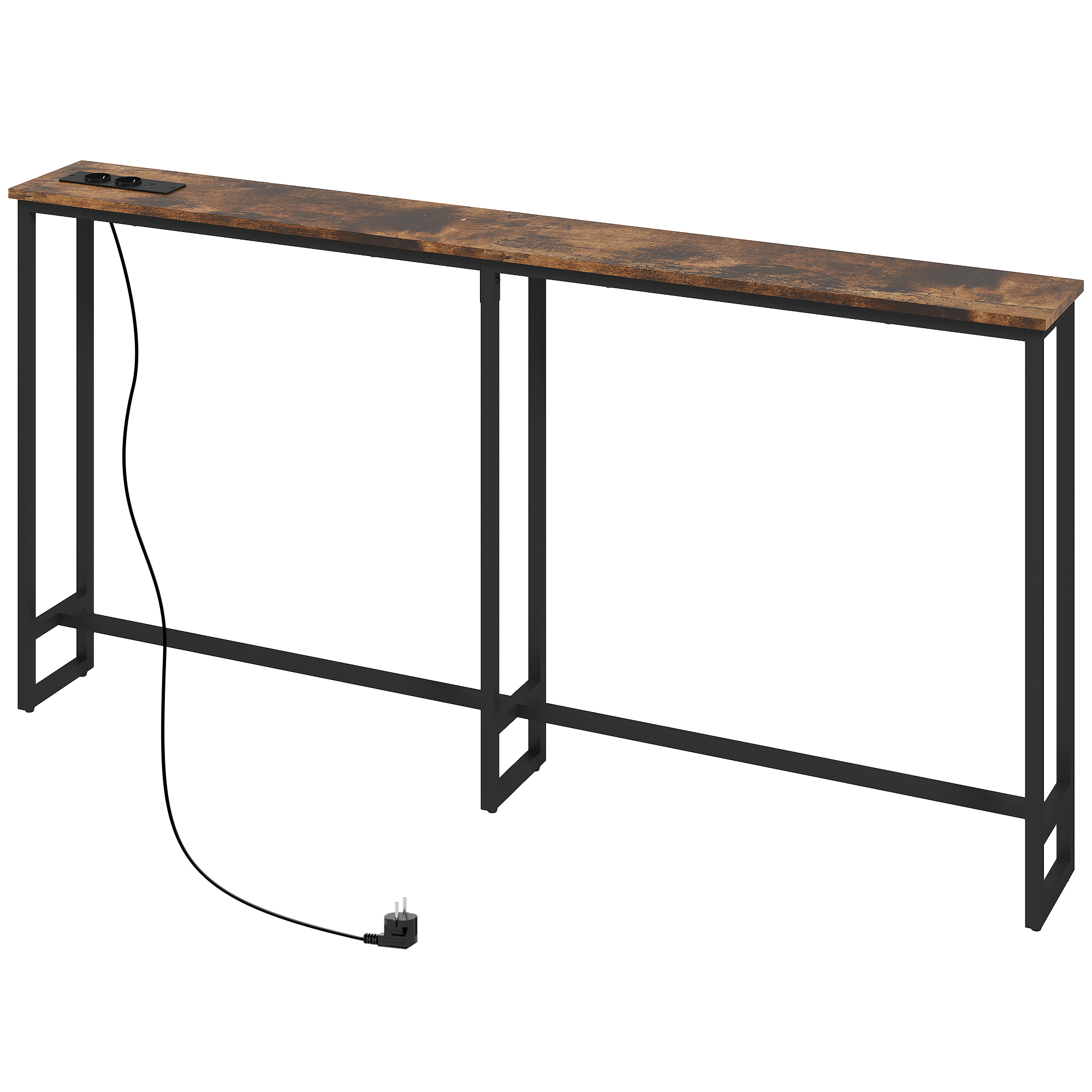 Schlanker Konsolentisch mit Ladestation, Industriestil, Stahlrahmen, Braun Schlanker Konsolentisch mit Ladestation, Industriestil, Stahlrahmen, Braun