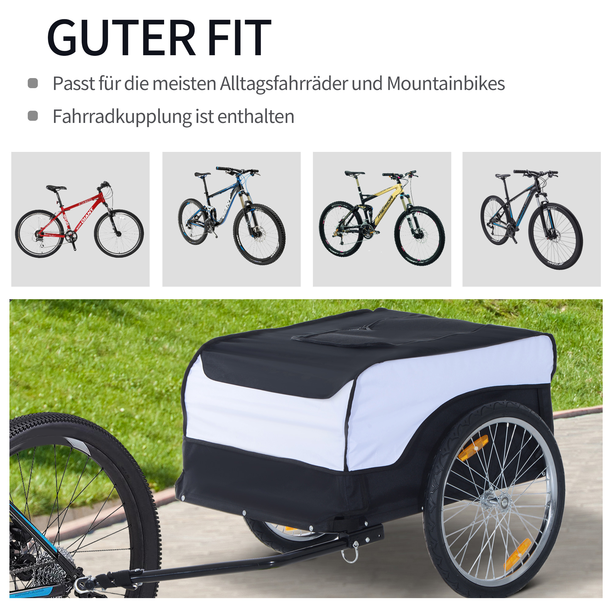 Fahrradanhänger Lastenanhänger Belastbarkeit max. 40 kg Transportanhänger Handwagen Lasten-Fahrradanhänger Weiß+Schwarz Stahl Oxford 140 x 77 x 65 cm