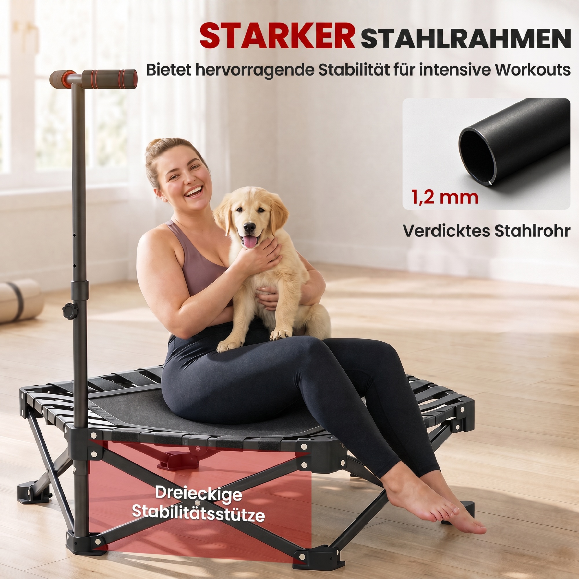 Fitness-Trampolin mit verstellbarem T-Griff, faltbar, Tragetasche, 120 kg Belastbarkeit, Stahl, Kunststoff, Schwarz