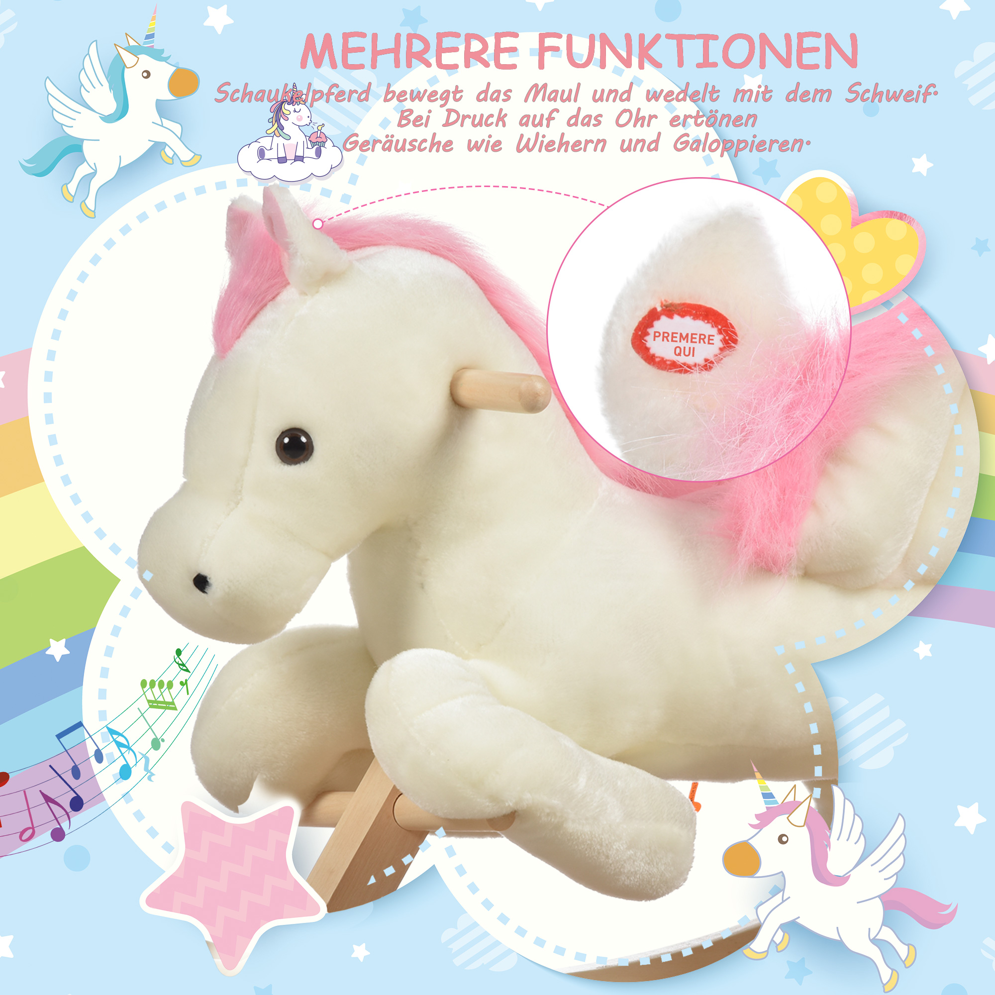 Schaukelpferd Schaukeltier mit Sound Effekt, Haltegriffen, Plüsch Baby Schaukelspielzeug Schaukel Schaukelsitz für Kleinkinder 1,5-3 Monate