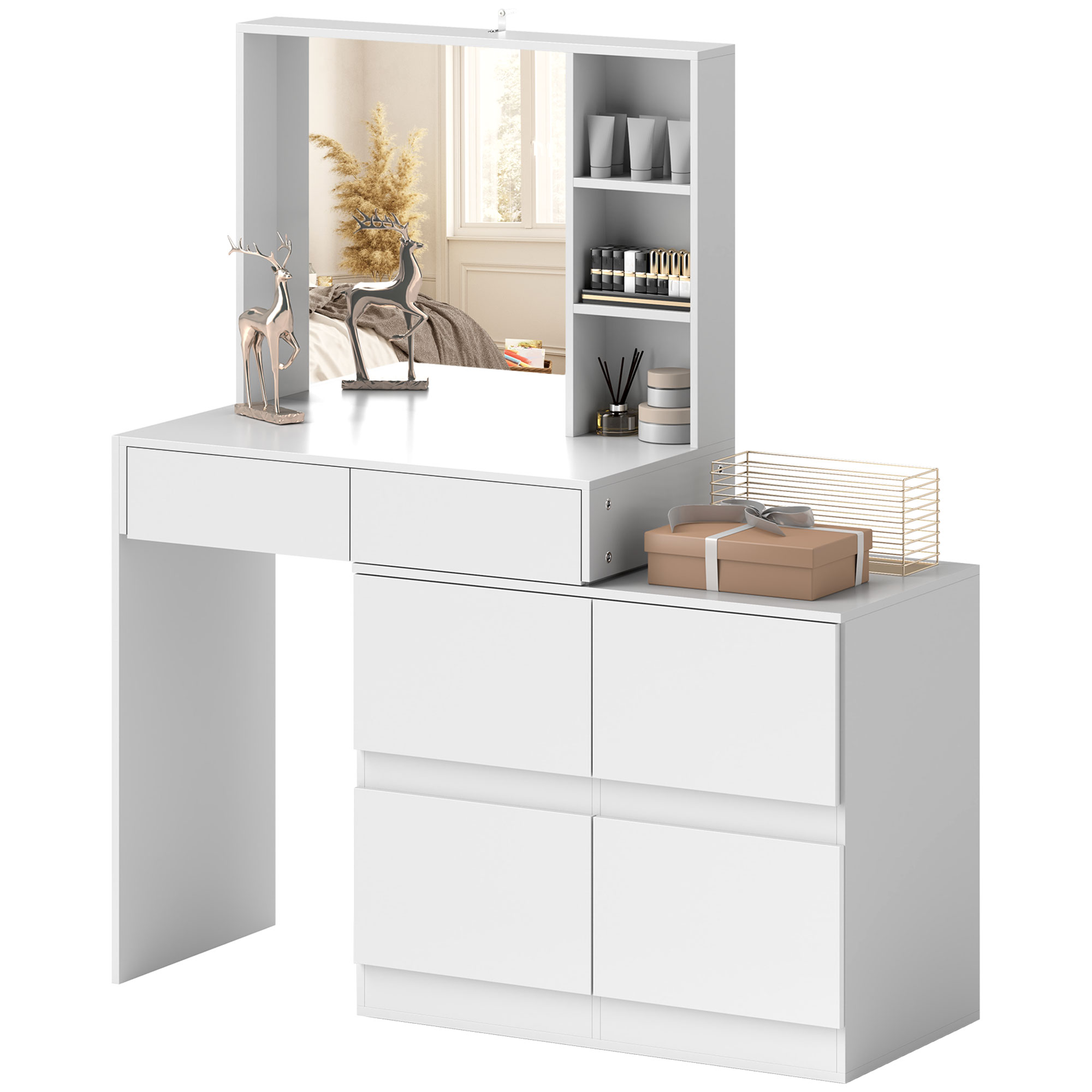 Schminktisch, Make-up-Tisch mit großem Spiegel, 4 Schubladen, 3 offene Fächer, 2 Schränke, MDF, Weiß Schminktisch, Make-up-Tisch mit großem Spiegel, 4 Schubladen, 3 offene Fächer, 2 Schränke, MDF, Weiß