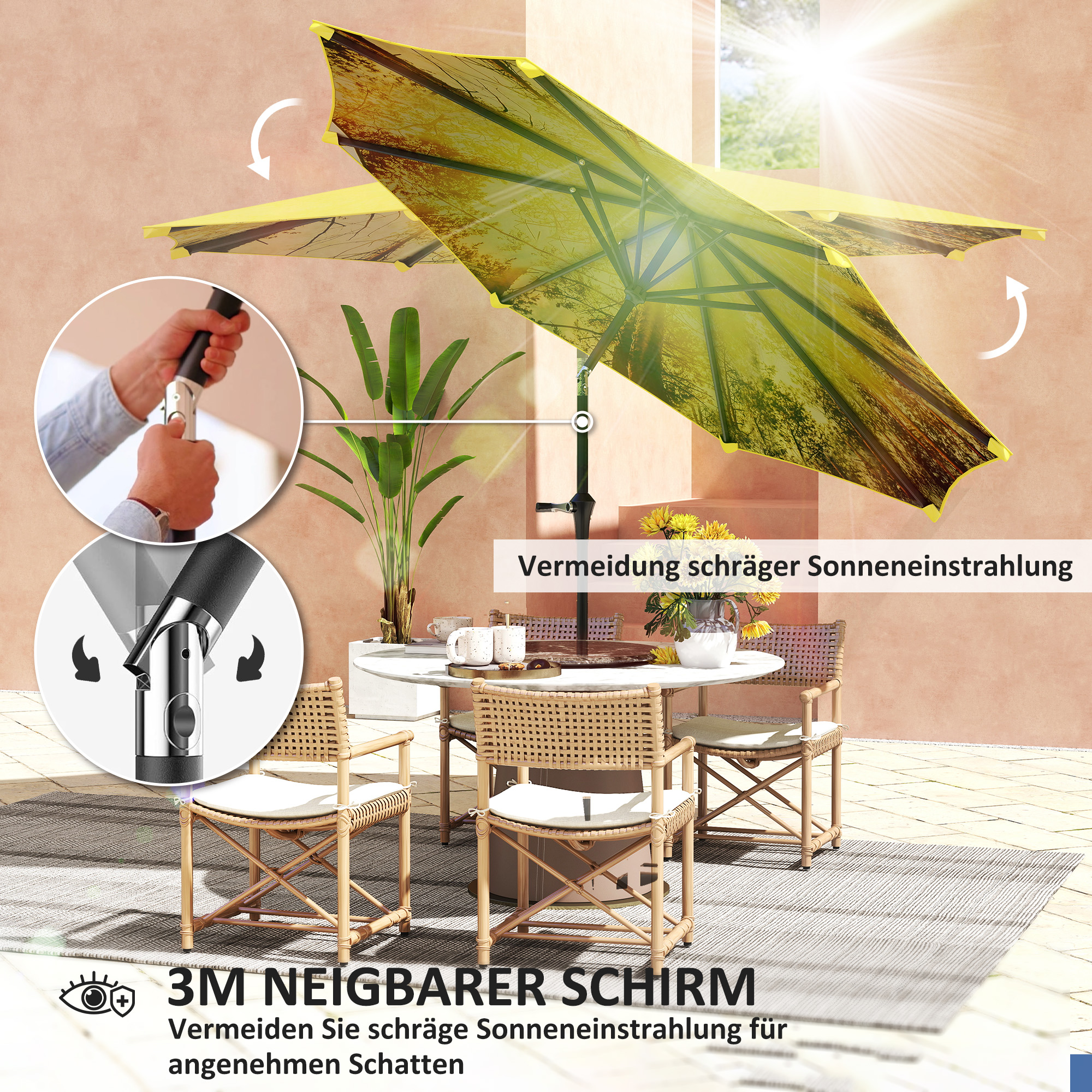Sonnenschirm Ø300 cm, Sonnenschirm mit Handkurbel, achteckig Balkonschirm Gelb