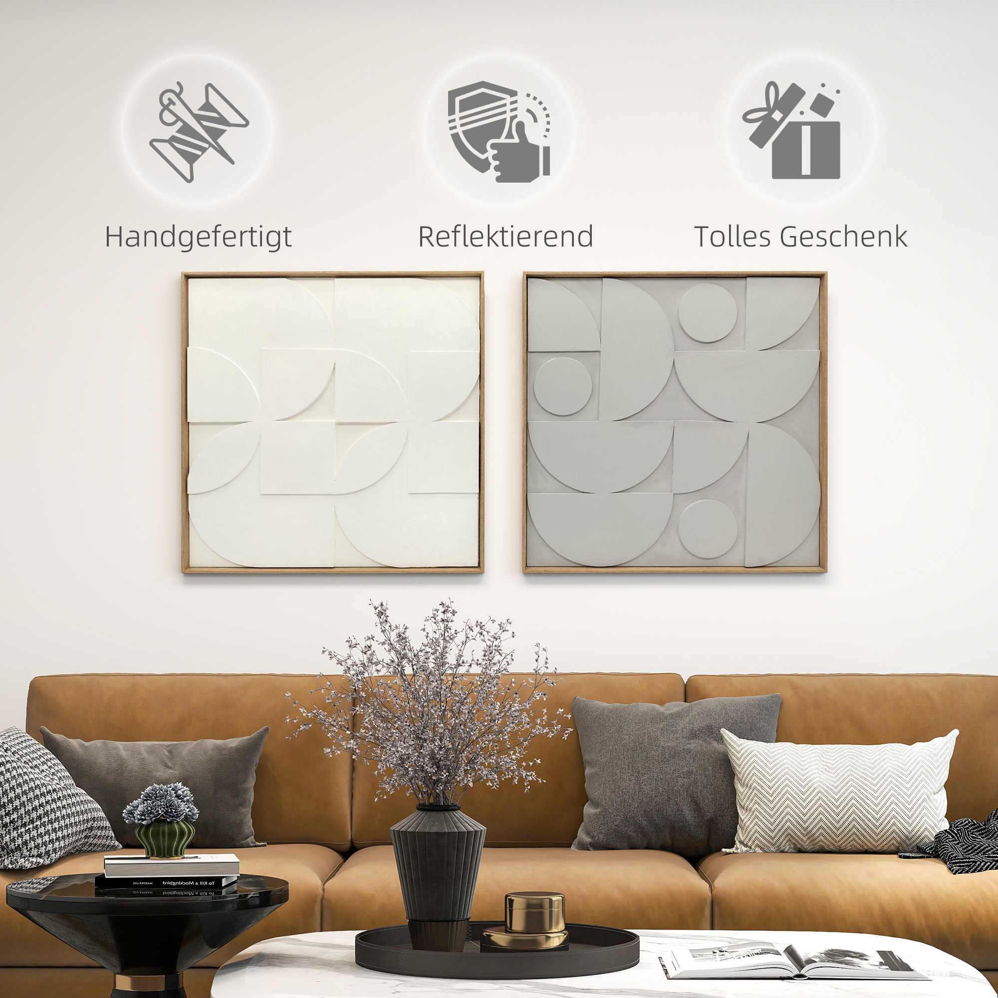 Wanddeko 3D 2er Set geometrisch Wanddekoration Modern Wand Deko für Wohnzimmer, Flur, 80 x 3,5 x 80 cm, Weiß