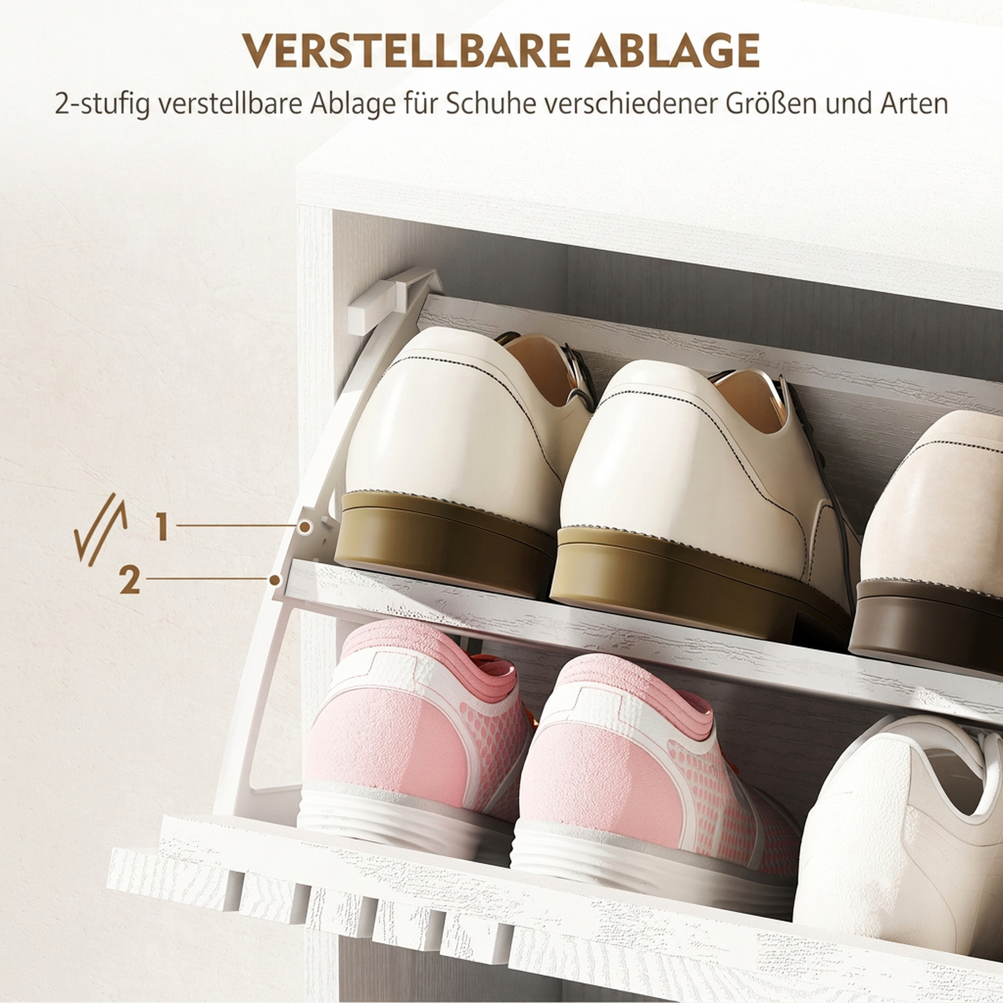 Schuhschrank für bis zu 18 Paar Schuhe mit 3 Klappen und verstellbaren Einlegeböden, Weiß