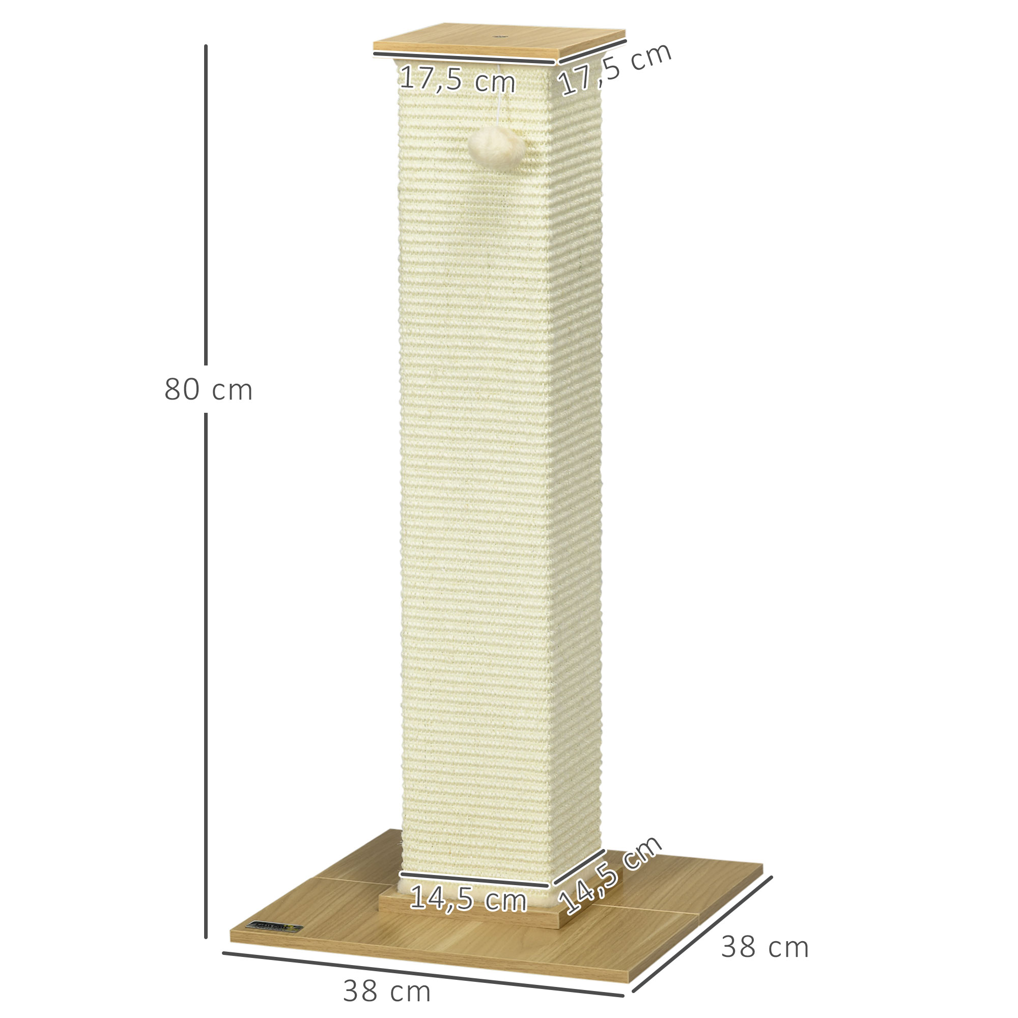 Kratzbaum inkl. Spielzeug, 38 cm x 38 cm x 80 cm, Beige + Natur