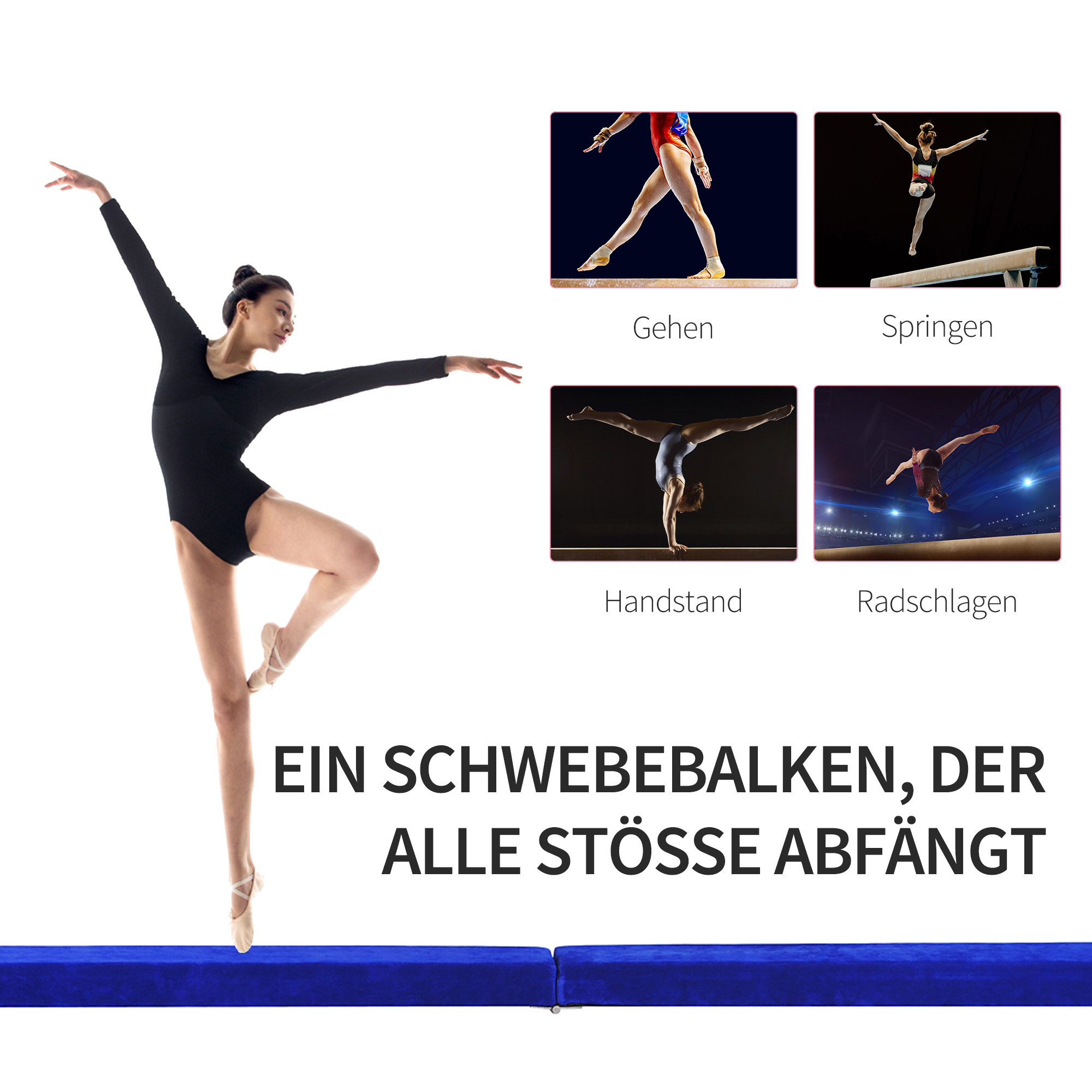 Faltbarer Schwebebalken, rutschfest, Wildlederbezug, robustes Holz, 210 x 10 x 6,5 cm, Blau