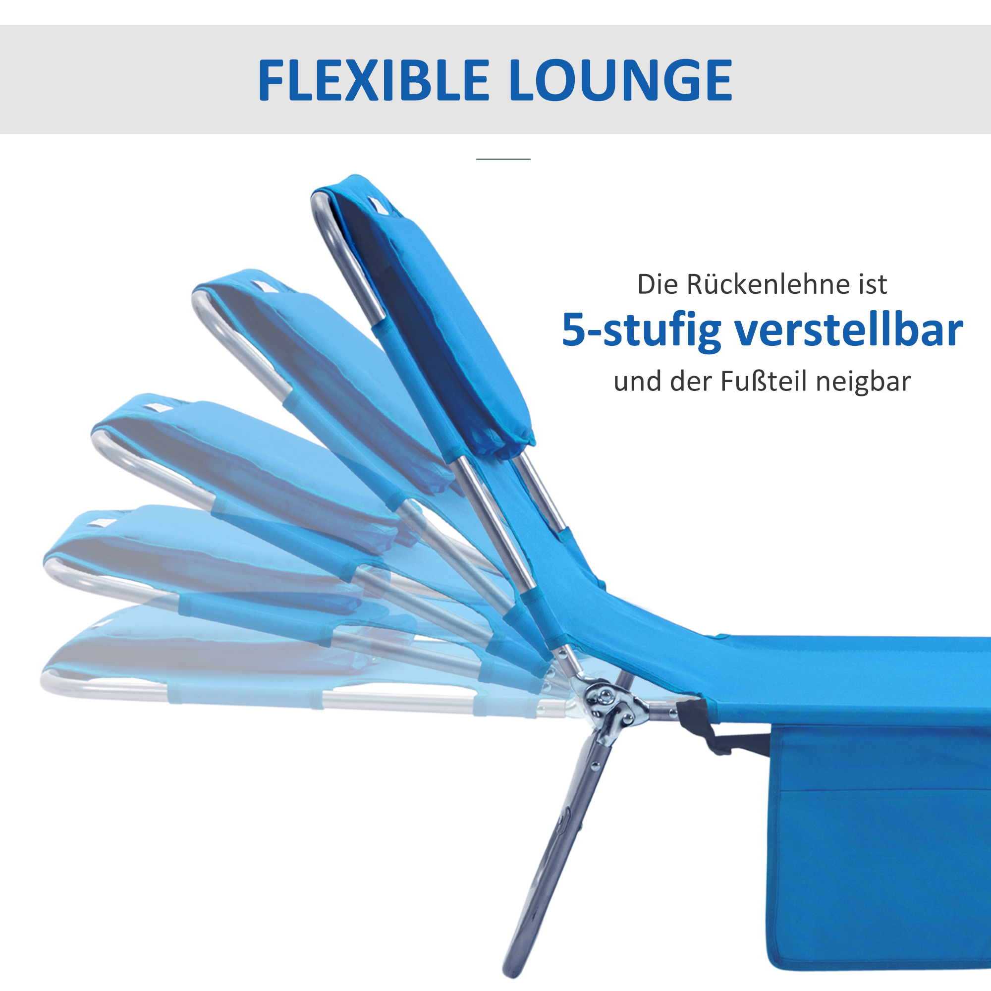 Gartenliege, Liegestuhl mit gepolsterter Gesichtsöffnung, Massage-Liege für draußen, Seitentasche, Stoff, Metall, Blau