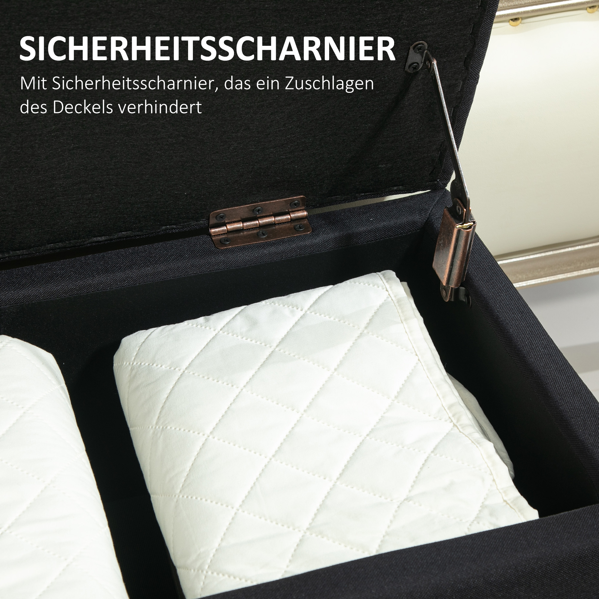 Sitzbank mit Stauraum, Truhenbank, leinenartiges Polyester, Kautschukholz, Schwarz, 100 x 40 x 44 cm