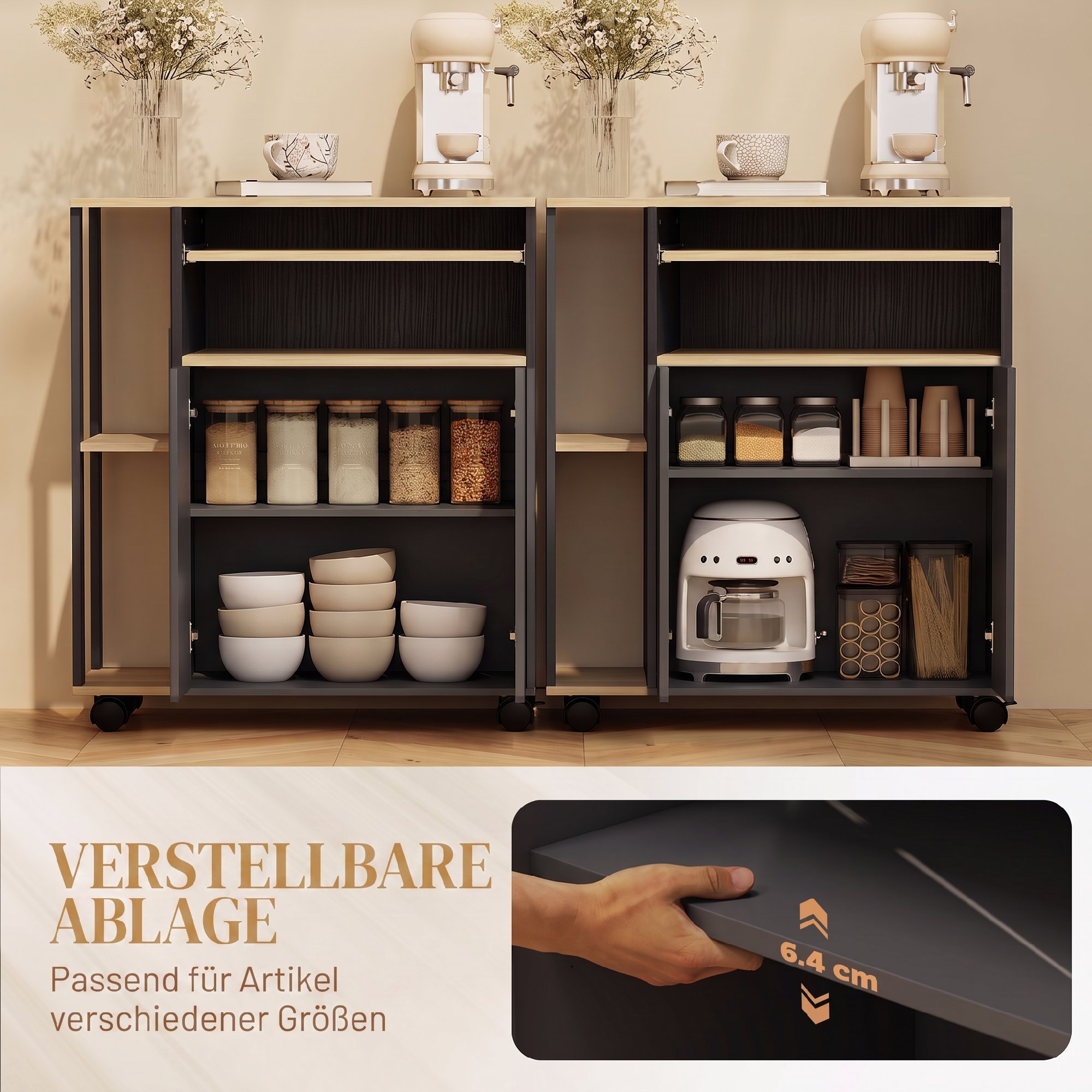 rollender Küchenwagen mit Stauraum, Schrank, verstellbare Regale, für Küche, Wohnzimmer, Esszimmer, Schwarz