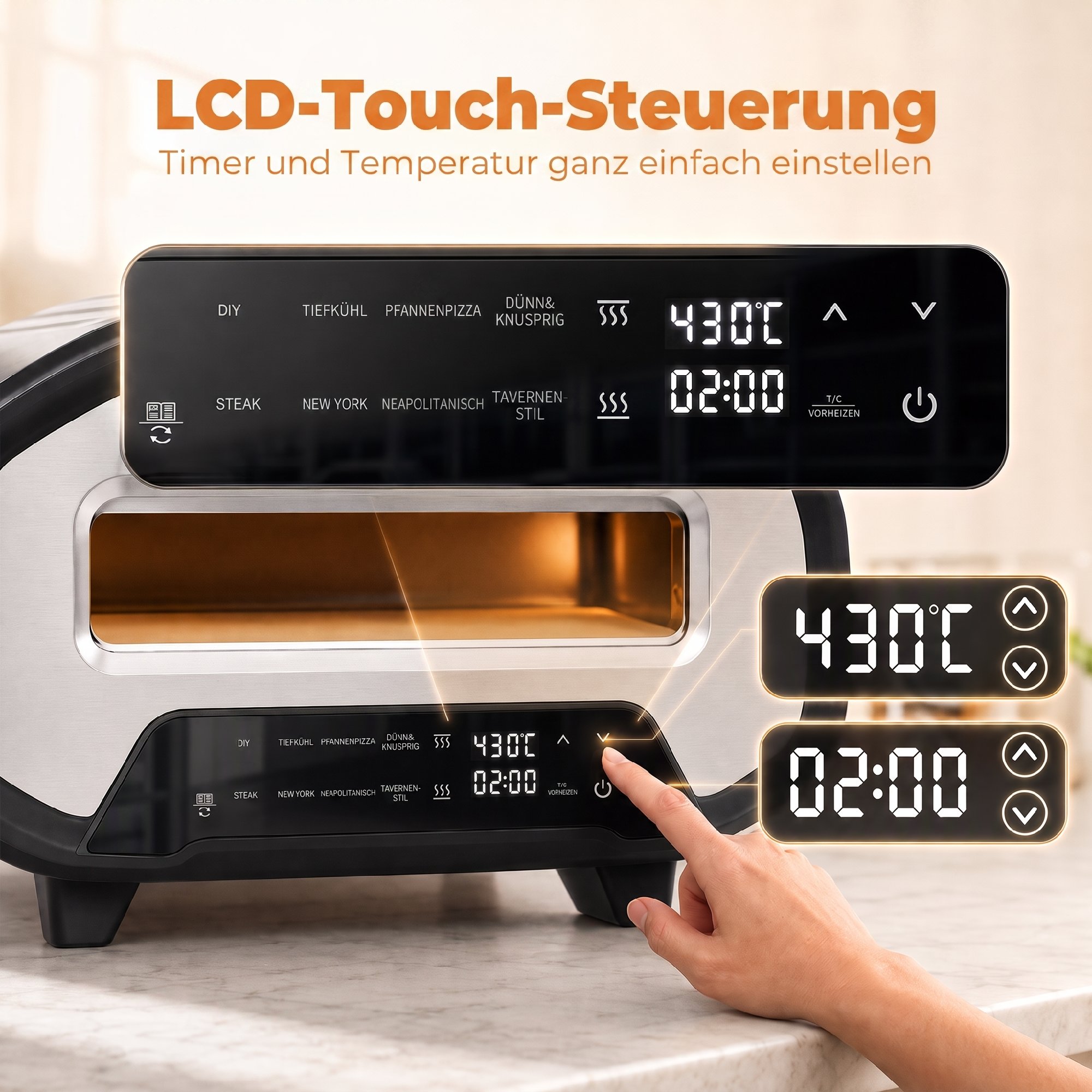 Pizzaofen für innen, 12 Zoll elektrischer Pizzaofen mit 8 Programmen, 430 °C, Timer, Keramikstein, 2200 W